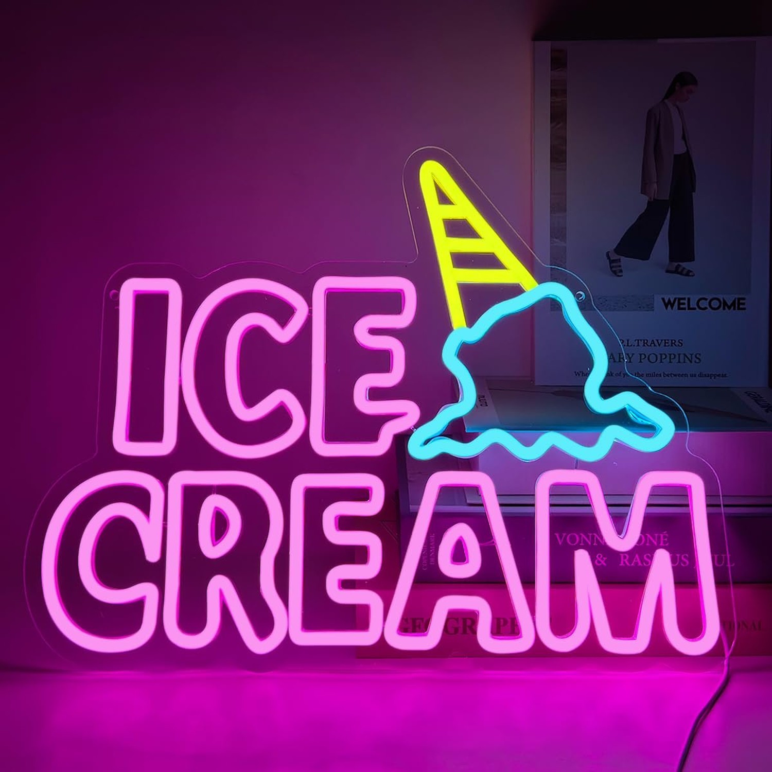 Ice Cream Neon Sign, Neon Signs for Wall Decor, Yellow Blue Pink Light Up Sig…