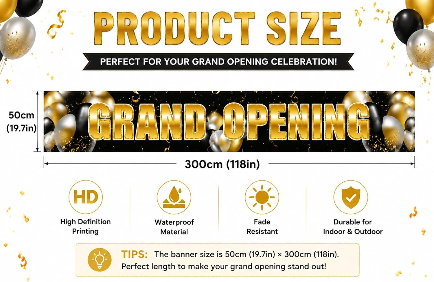Large Grand Opening Banner, Black Gold Large Business Opening Backdrop