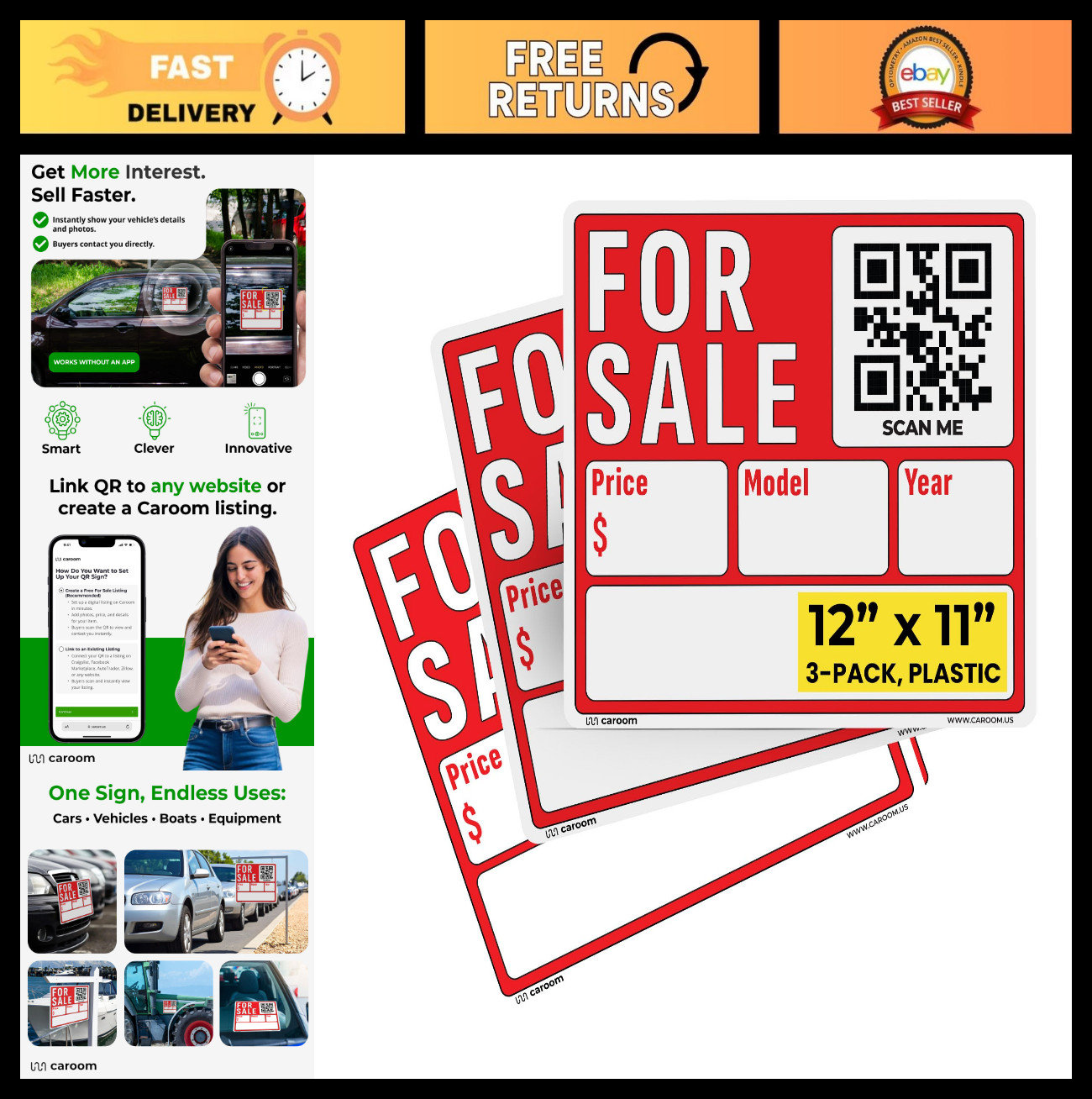 12×11 Weatherproof Car Sale Sign (3-Pack) – Price/Model/Year | Durable PVC | QR