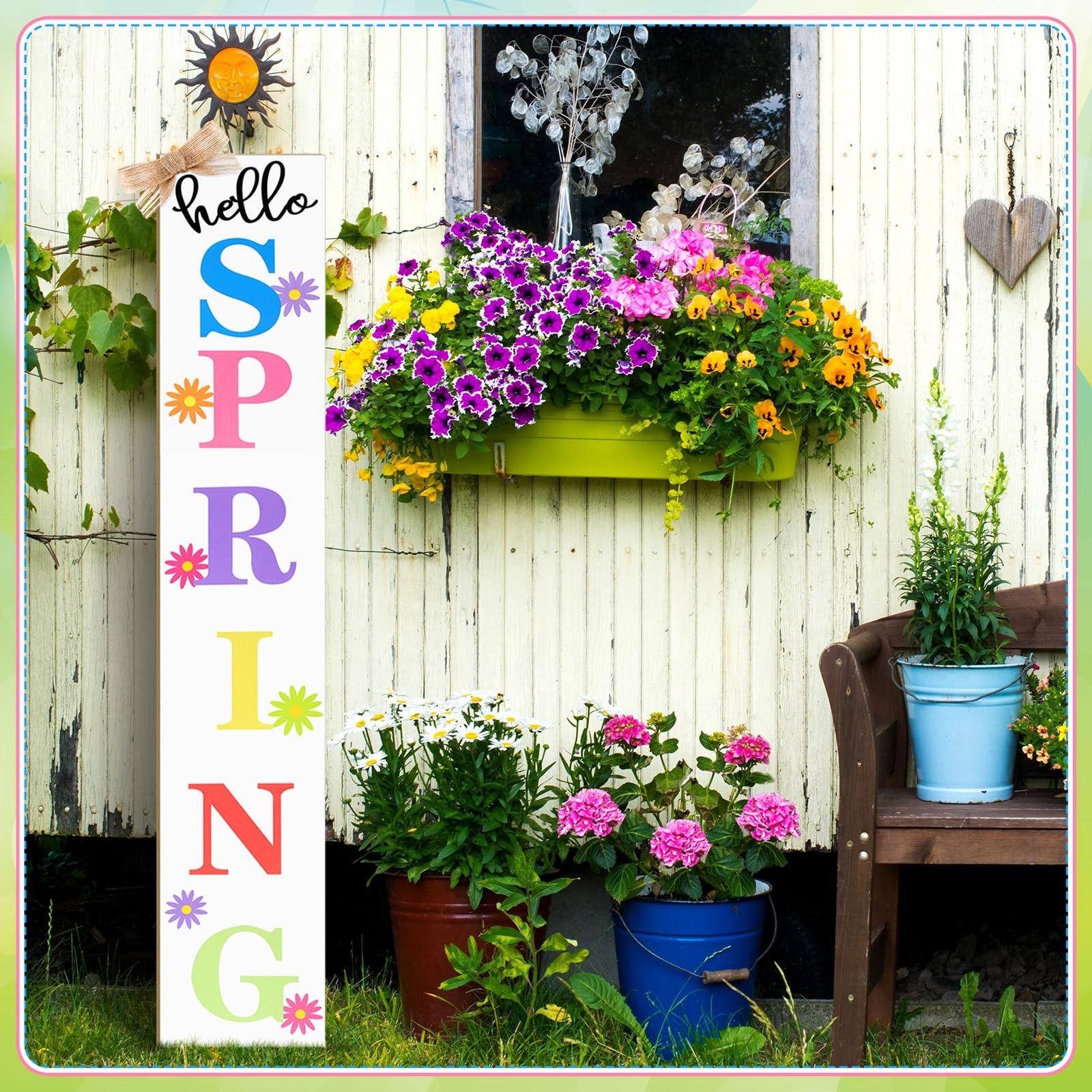 Yerliker Hello Spring Porch Sign Outdoor Decor 47″ Large Welcome Decoration