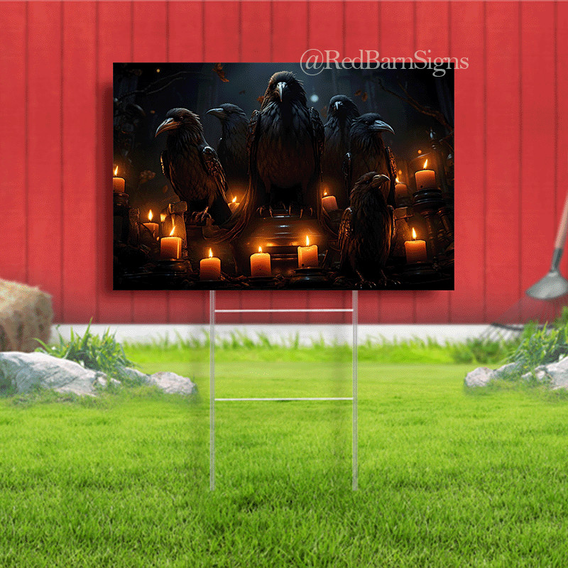 Halloween scary black crow with candles background yard sign