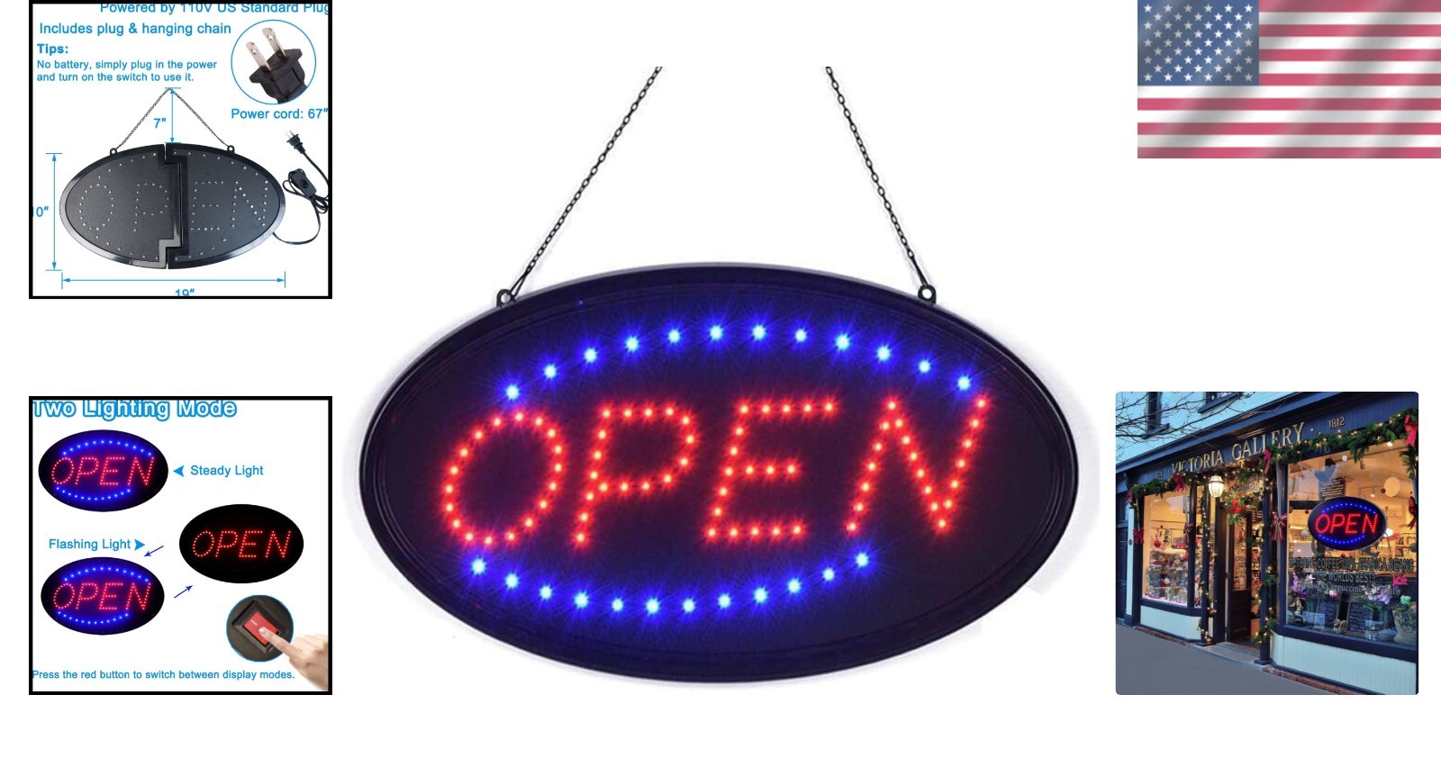 LED Open Sign 19″x10″ – Eye-Catching Flashing Business Display for Wall Mount