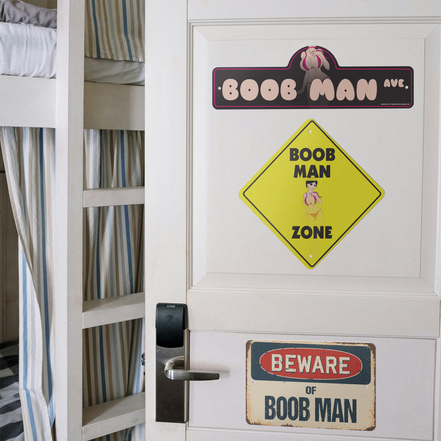 Boob Man (3 Pack) Plastic Street Sign Crossing Warning Vintage Rustic Beware
