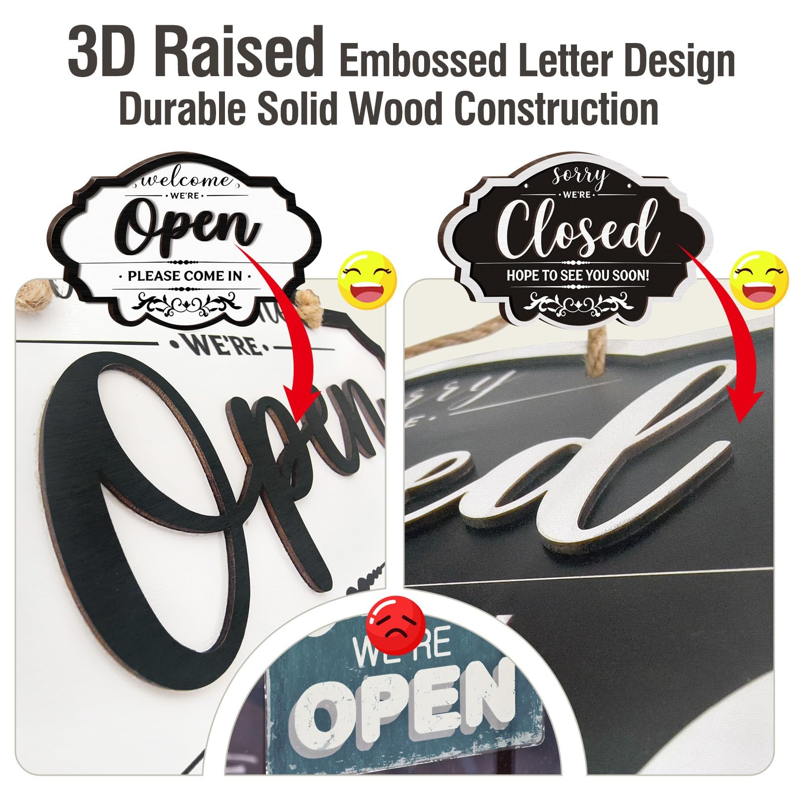 Open Closed Sign Double Sided Wooden 3D Letter Hanging Door Sign with Rope