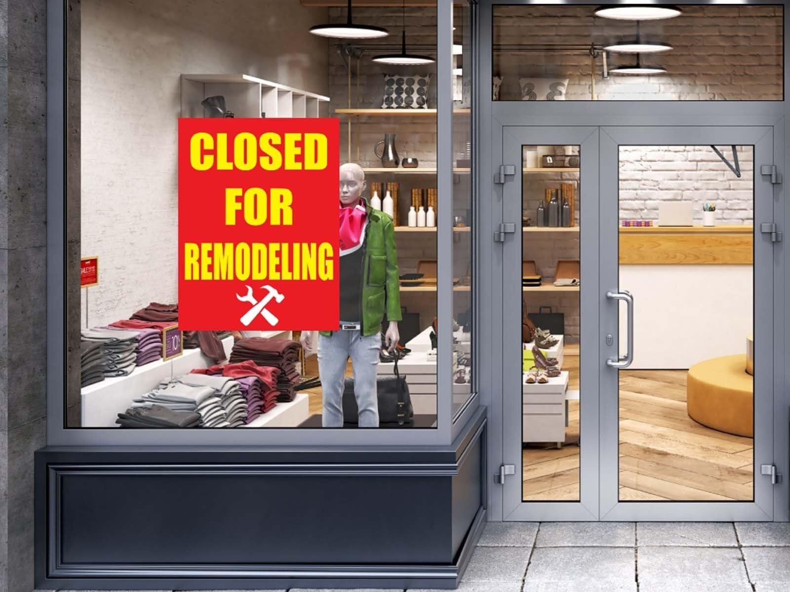 Closed For Remodeling | Retail Window Display Sign | 18″W x 24″H | 5 Pack