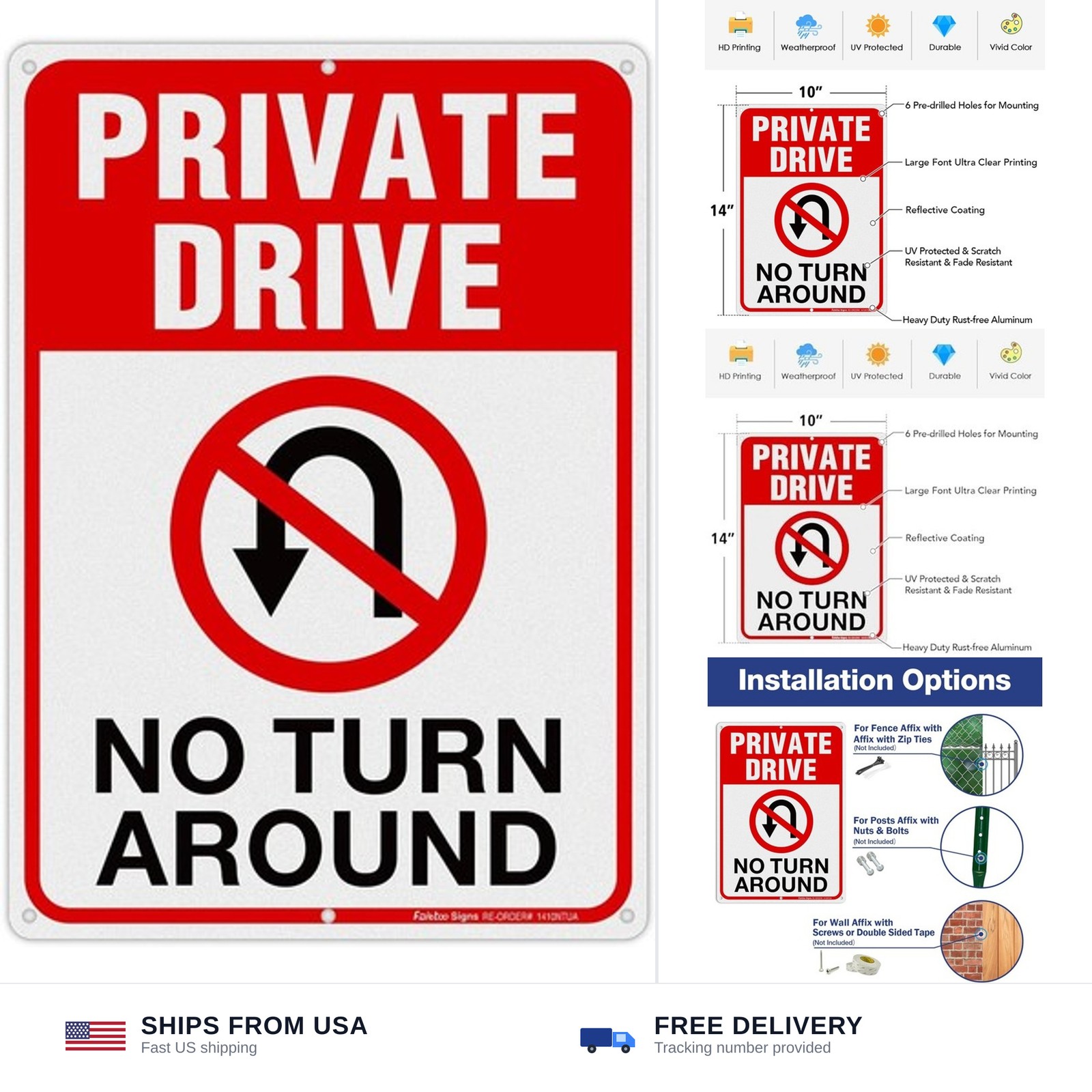 Private Drive Sign, No Turn Around Sign, Driveway Signs No Turnaround,14×10 I…
