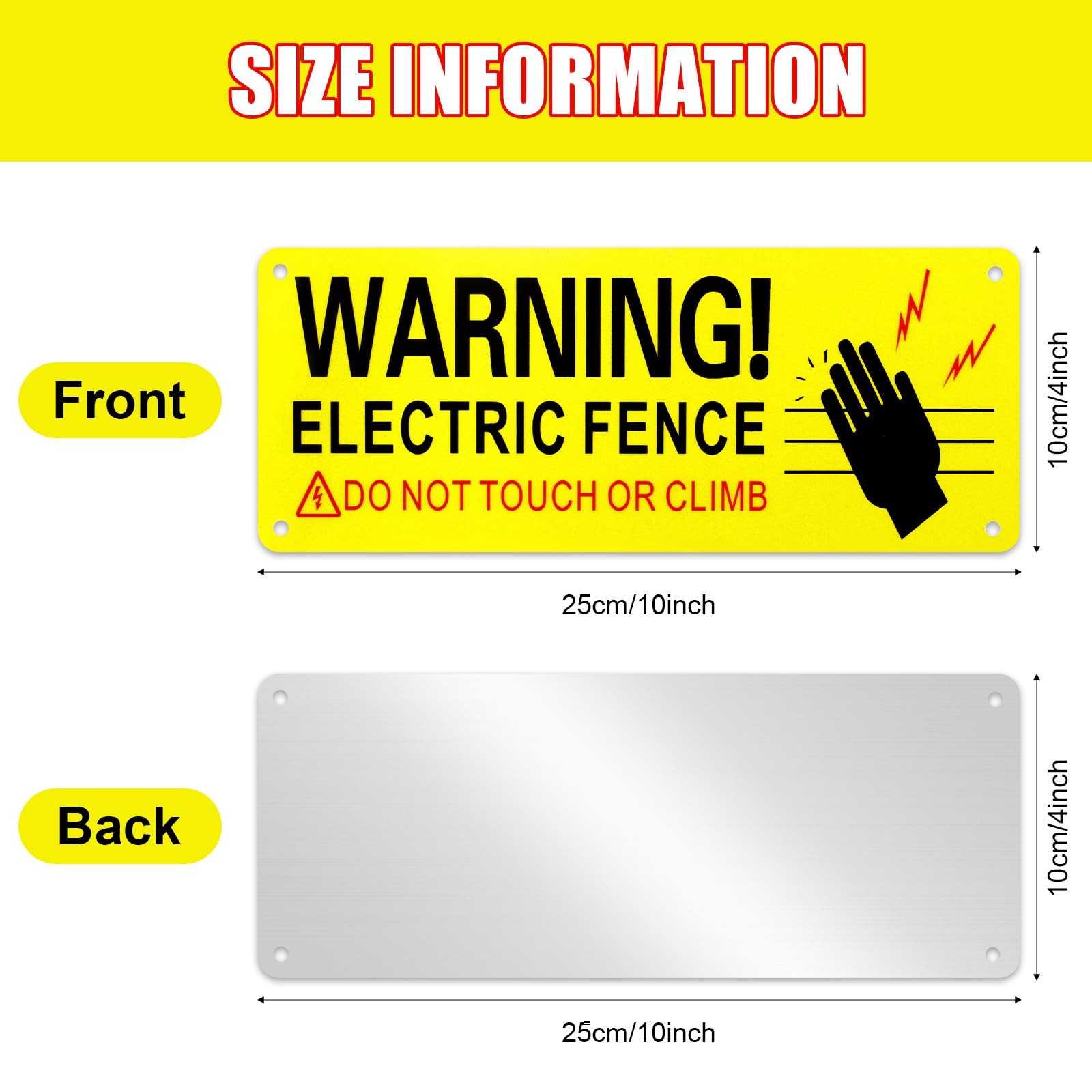 Electric Fence Warning Signs 8 Pack 10 x 4 Inches Metal Reflective Yellow