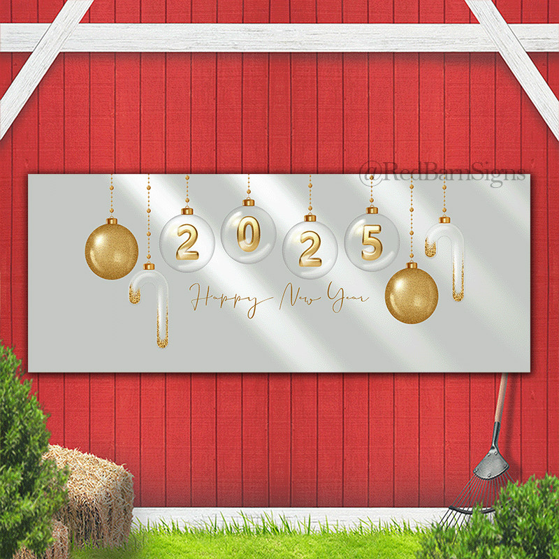 2025 Happy New Year with gold decor indoor outdoor banner
