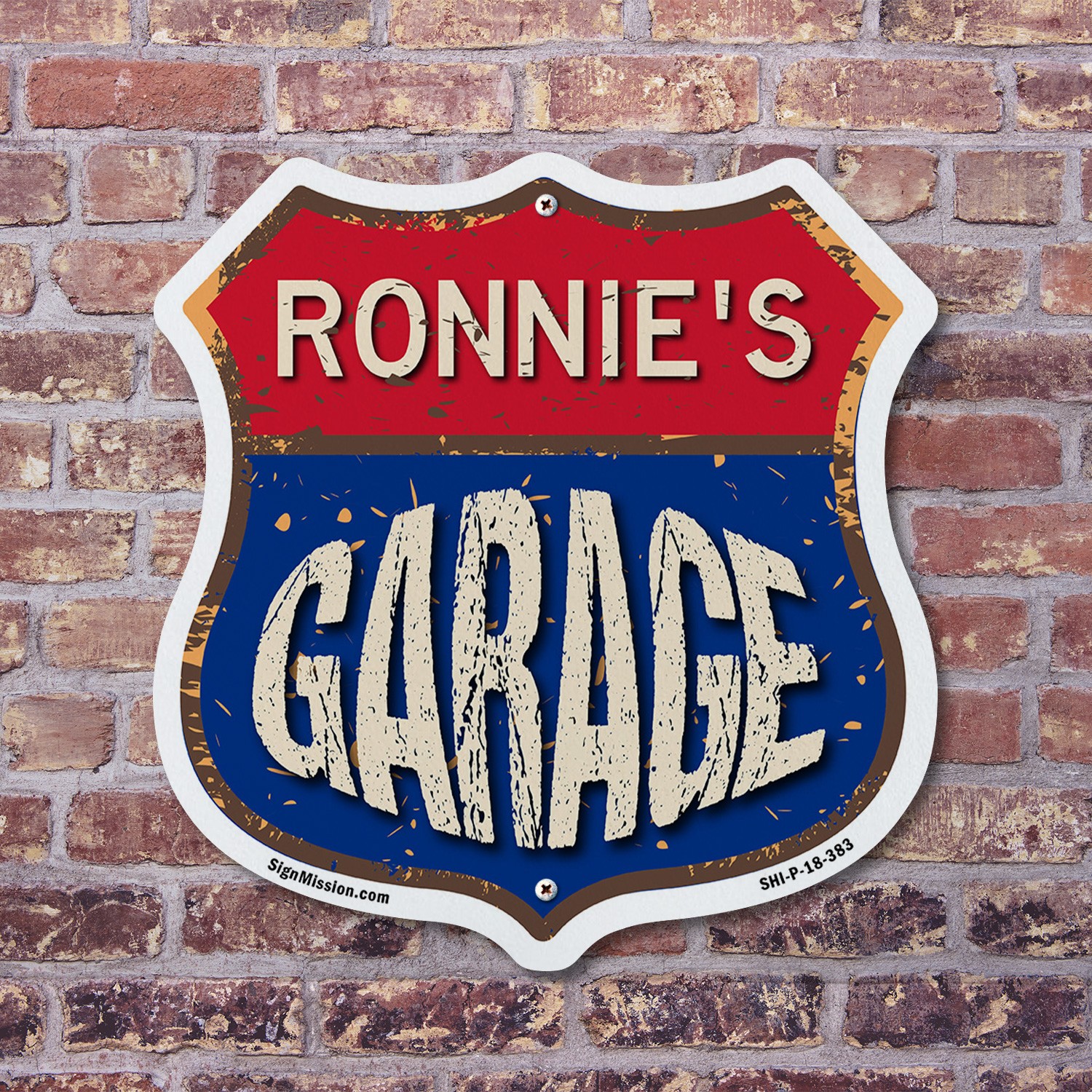 Ronnie’s Garage Shield Shaped Sign Weather Resistant Crafted in the USA
