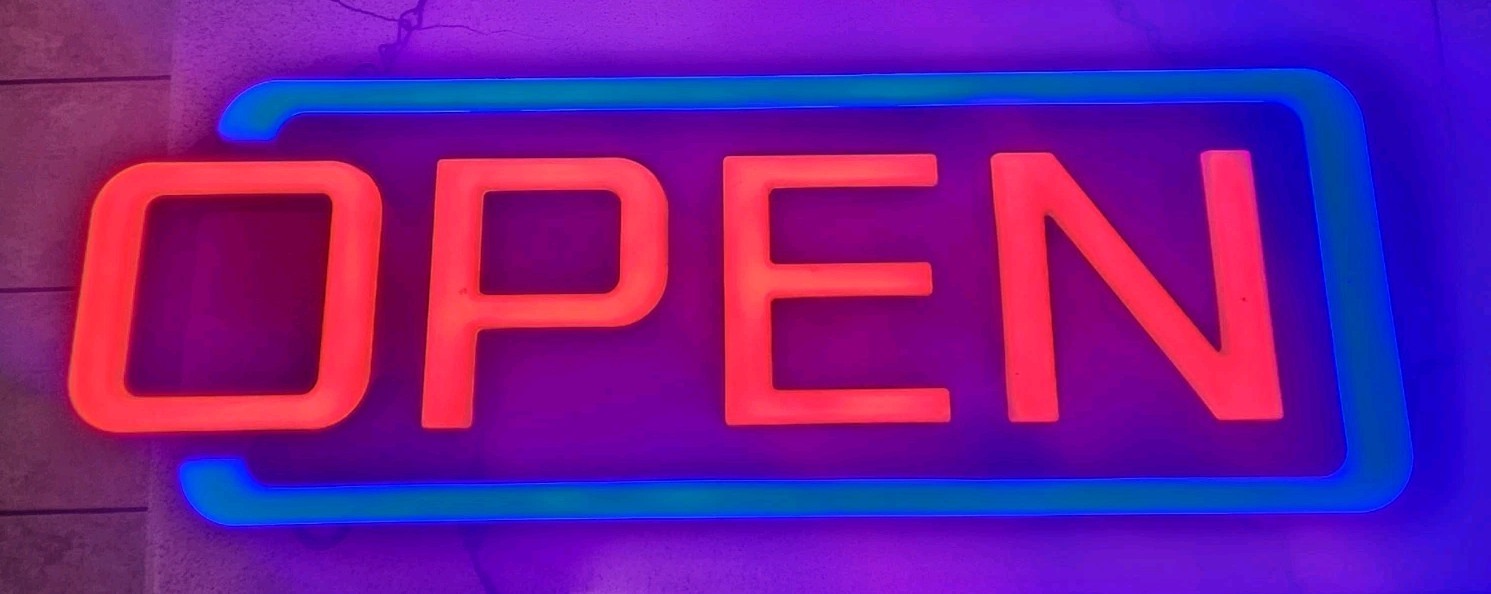 VINTAGE OPEN SIGN BLUE AND RED.