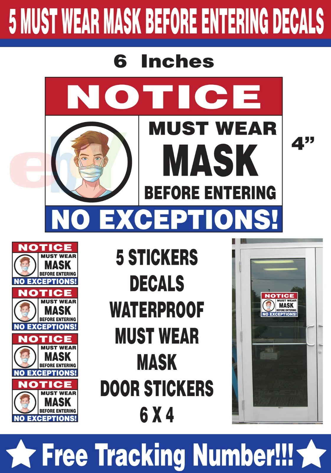 VERTICAL DOOR STICKER DECAL – MUST WEAR MASK ENTERING – COVID – 6 X 4″ (5pack)19