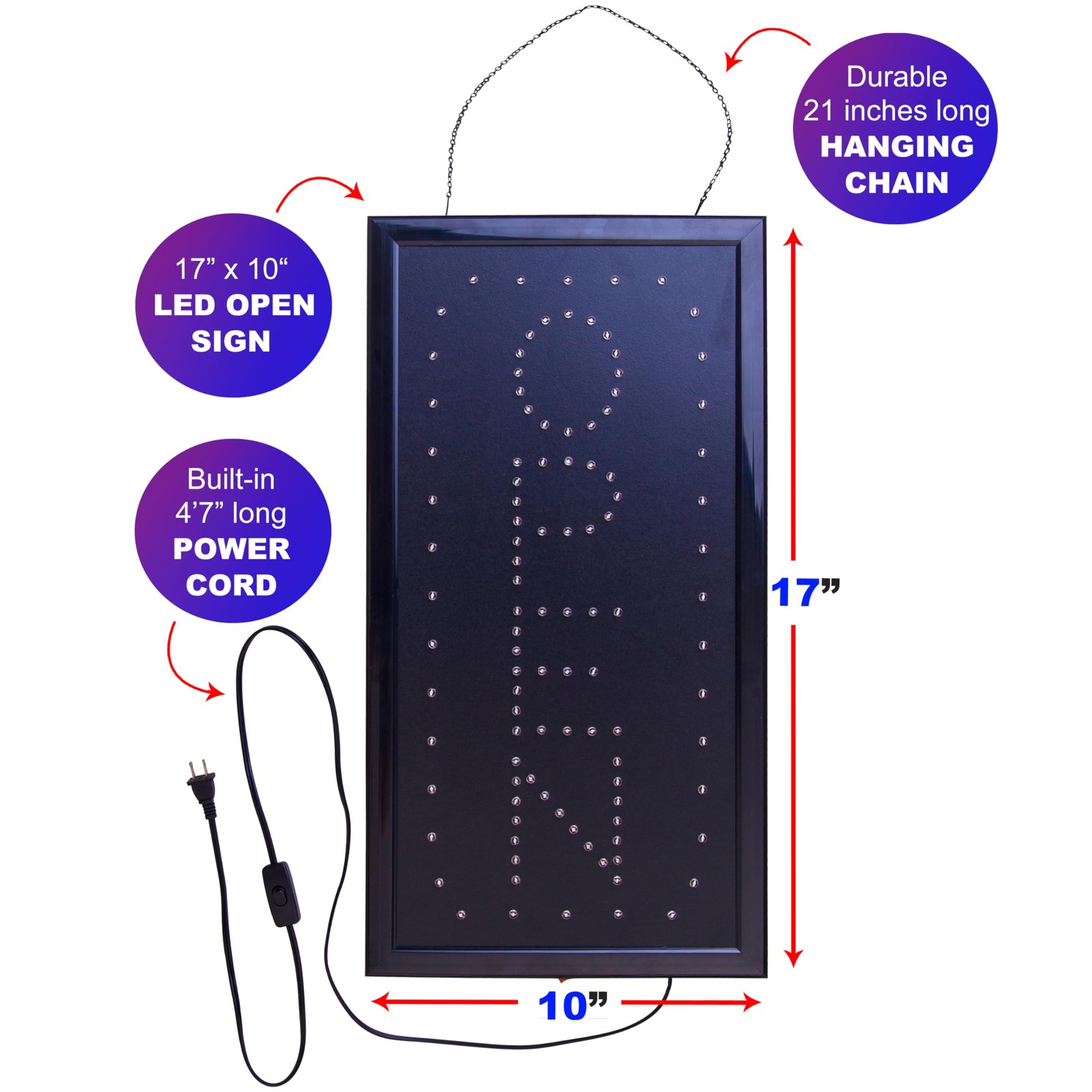 LED Neon Open Sign Vertical Flashing Mode Business Stores Includes Hours Closed