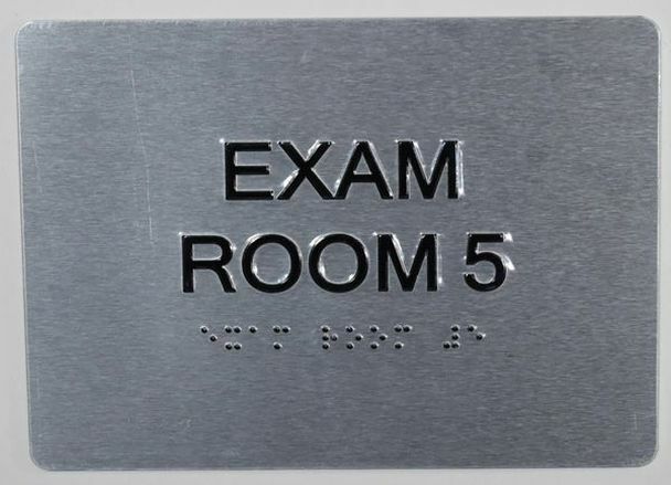 EXAM Room 5 Sign with Tactile Text and Braille Sign-(Black/Silver,5X7)