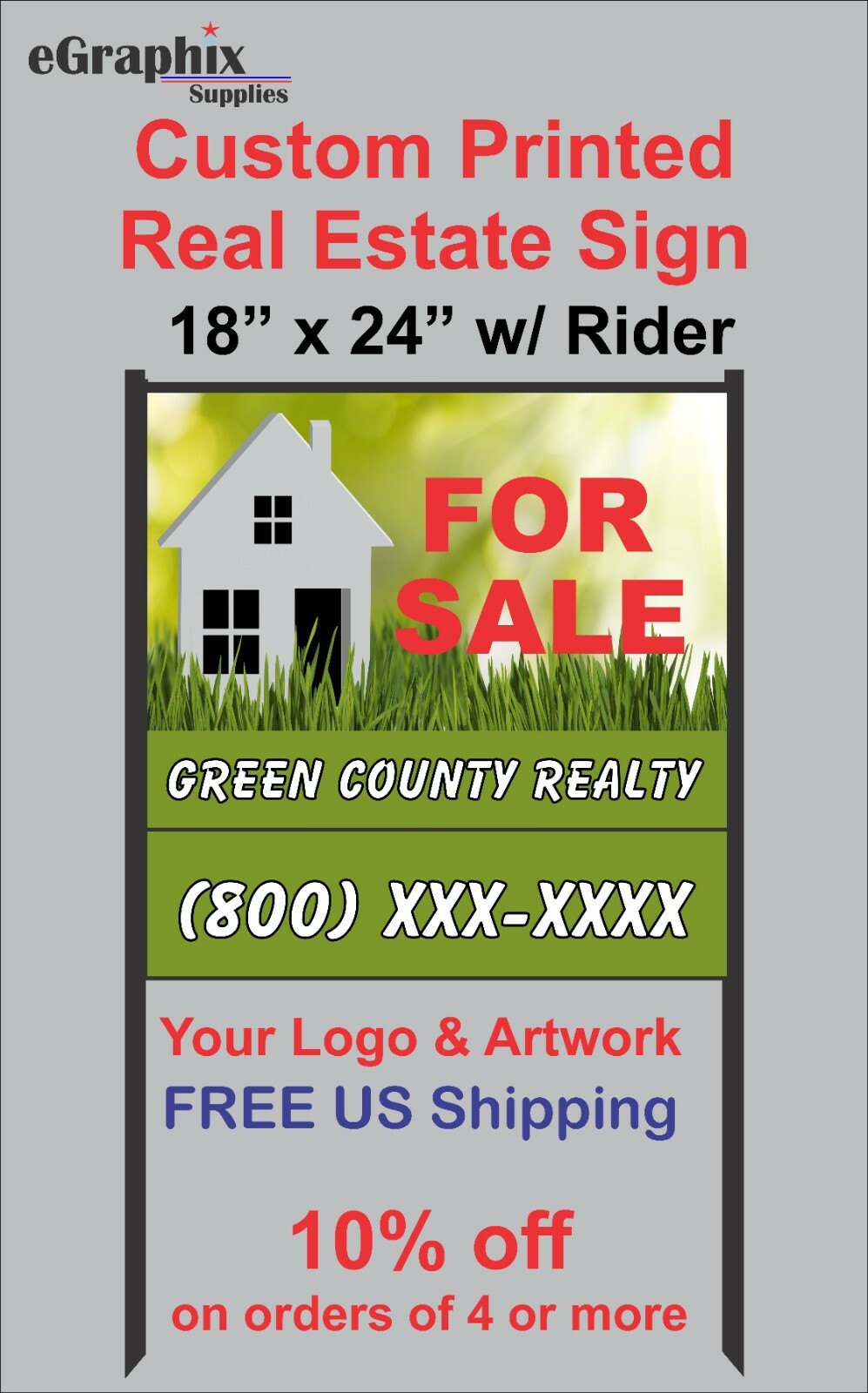 Custom Printed Real Estate Sign, 18″ x 24″ Alum with H-Style Black Metal Frame