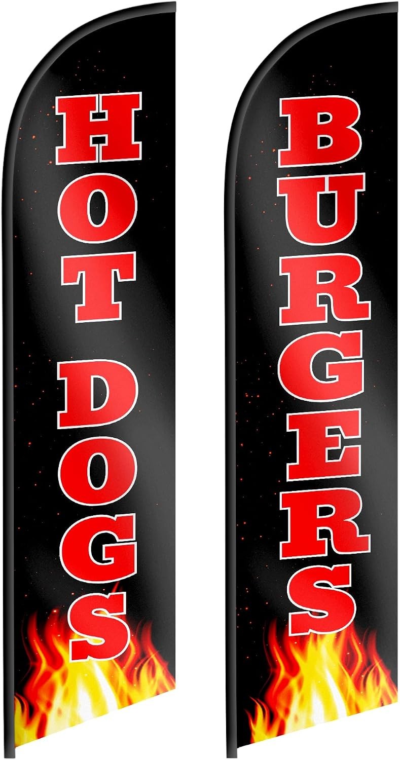 Hot Dog & Burger Feather Flags Set of 2 12ft Advertising Banner Open Box New