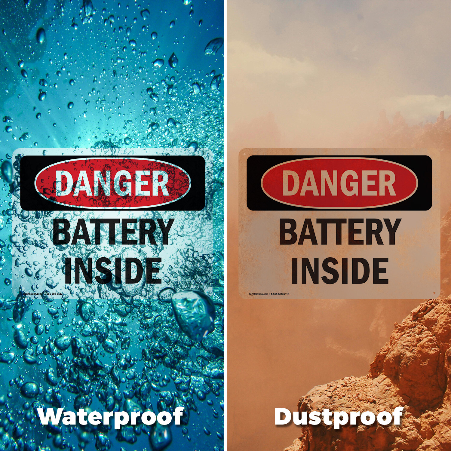 (2 Pack) Battery Inside OSHA Danger Sign Decal Metal Plastic