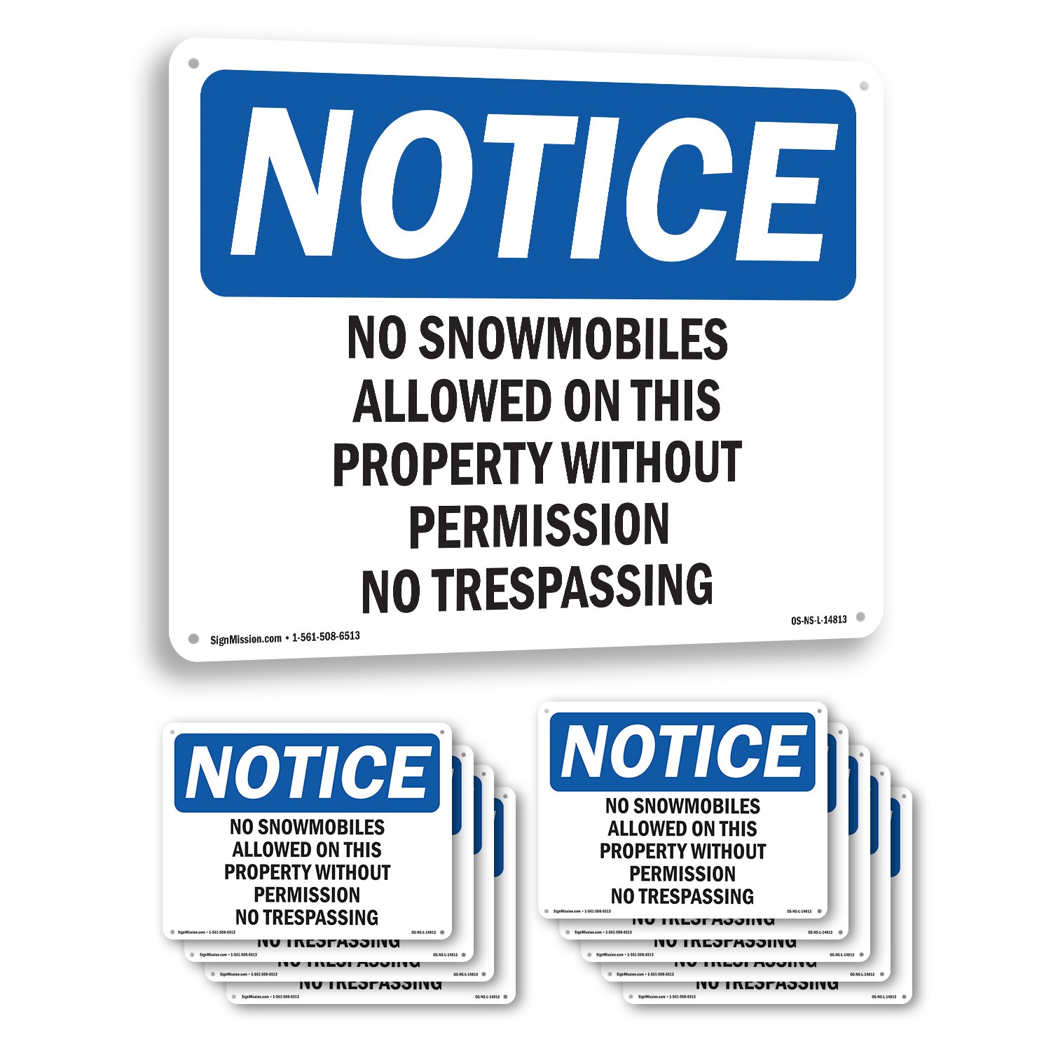 No Snowmobiles Allowed On This Property OSHA Notice Sign Or Decal – 5 or 10 Pack