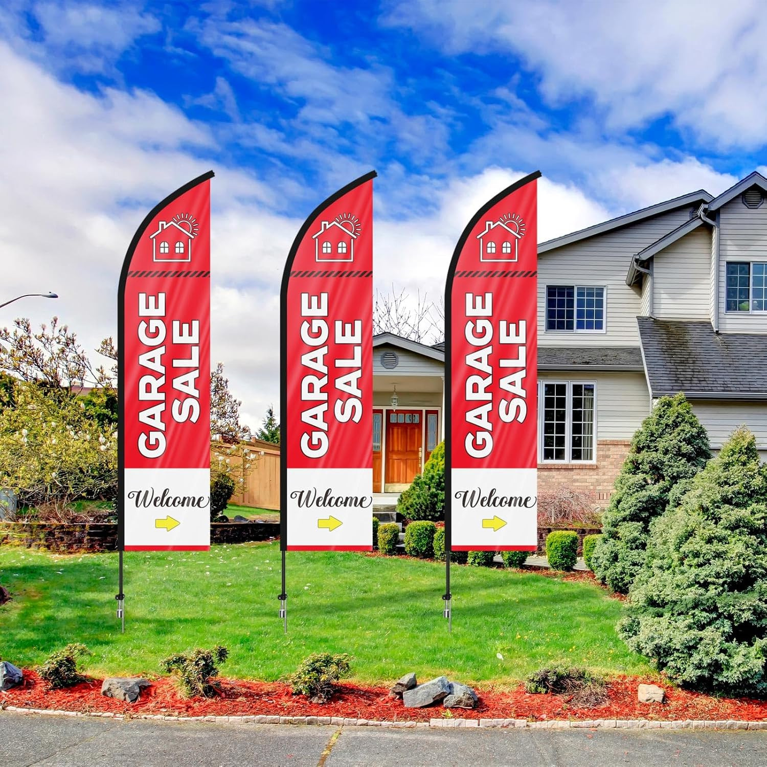 Preboun 3 Sets Garage Sale Signs Feather Flags Pole Kit with Flagpoles Ground St