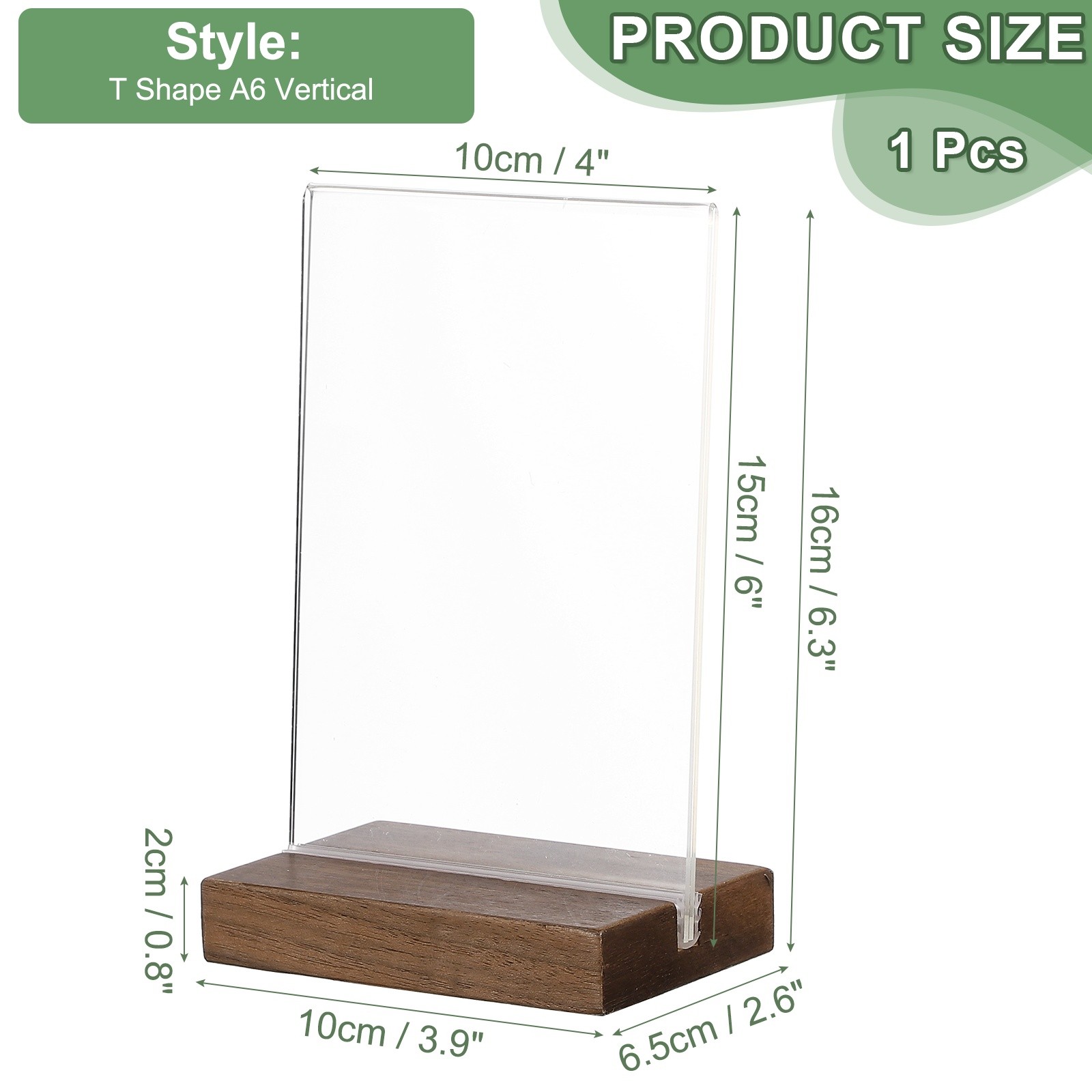 6″ x 4″ Acrylic Sign Holder Wood Base, T-Shape A6 Clear Holder Vertical