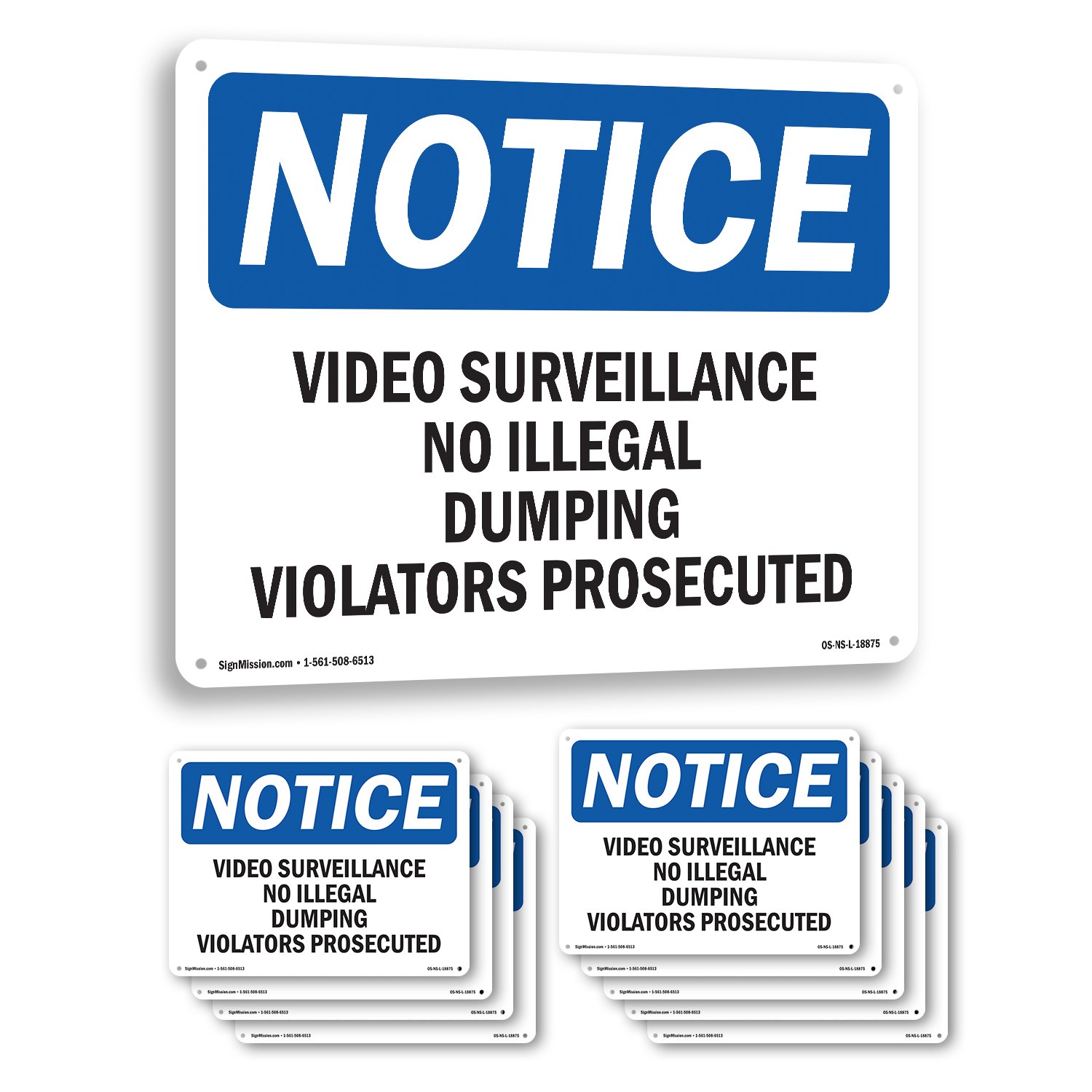 Video Surveillance No Illegal Dumping Violators OSHA Notice Sign – 5 or 10 Pack