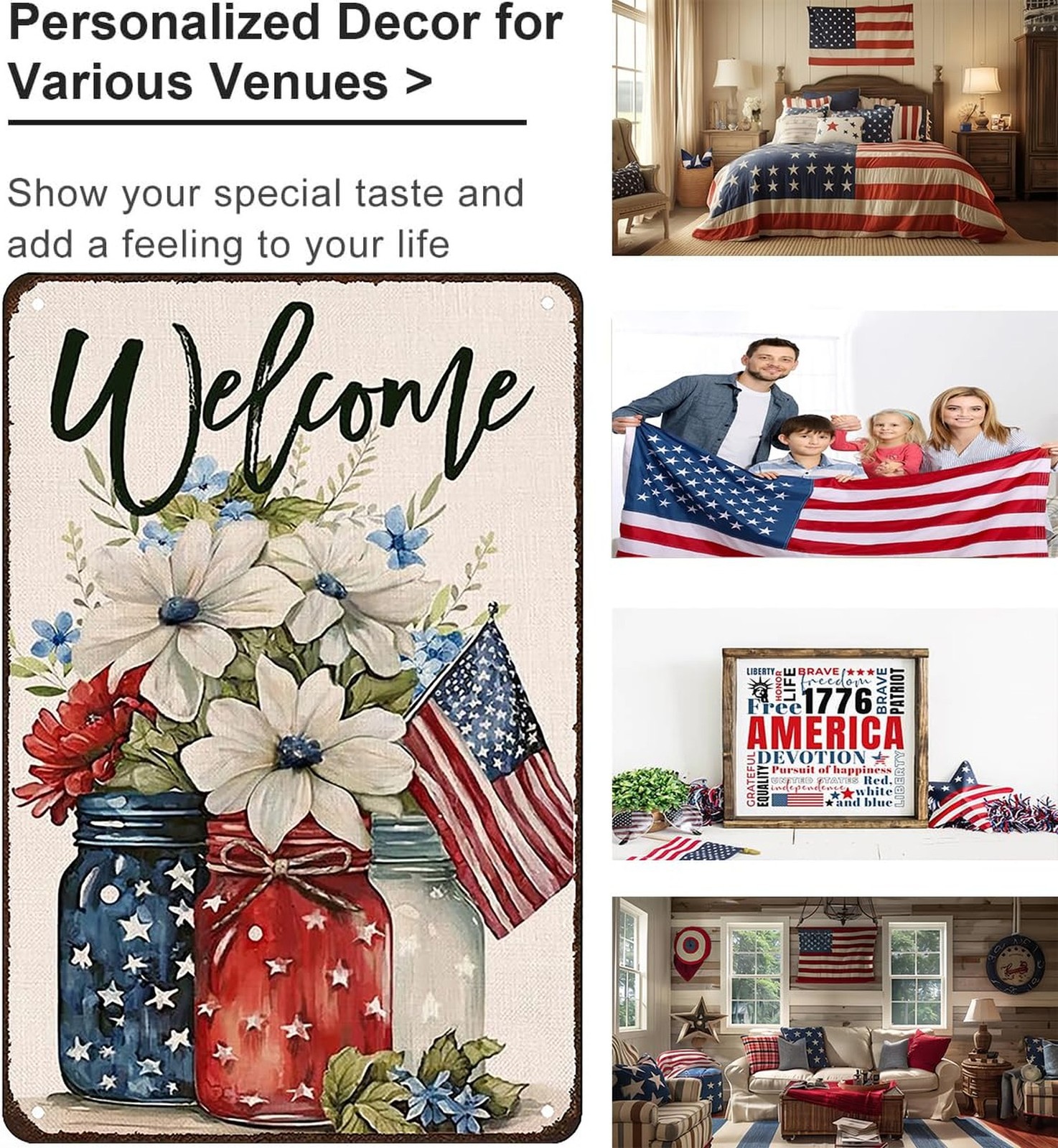 Smilelife Patriotic Floral Mason Jar USA Flag Welcome Tin Sign for Home Bedro…