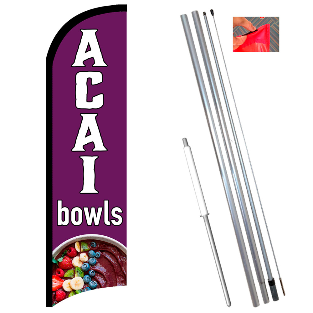 Acai Bowls Premium Windless Feather Flag Bundle (Complete Kit) OR Optional Repl