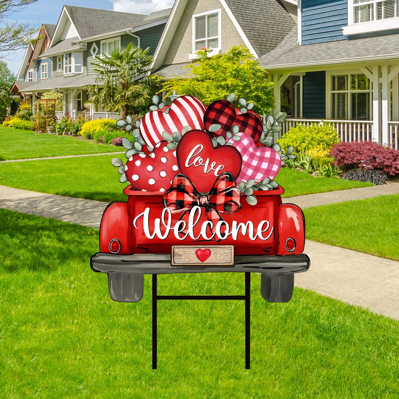 JarThenaAMCS Valentine’ s Day Metal Garden Stake Welcome Yard Sign Red Love Hear