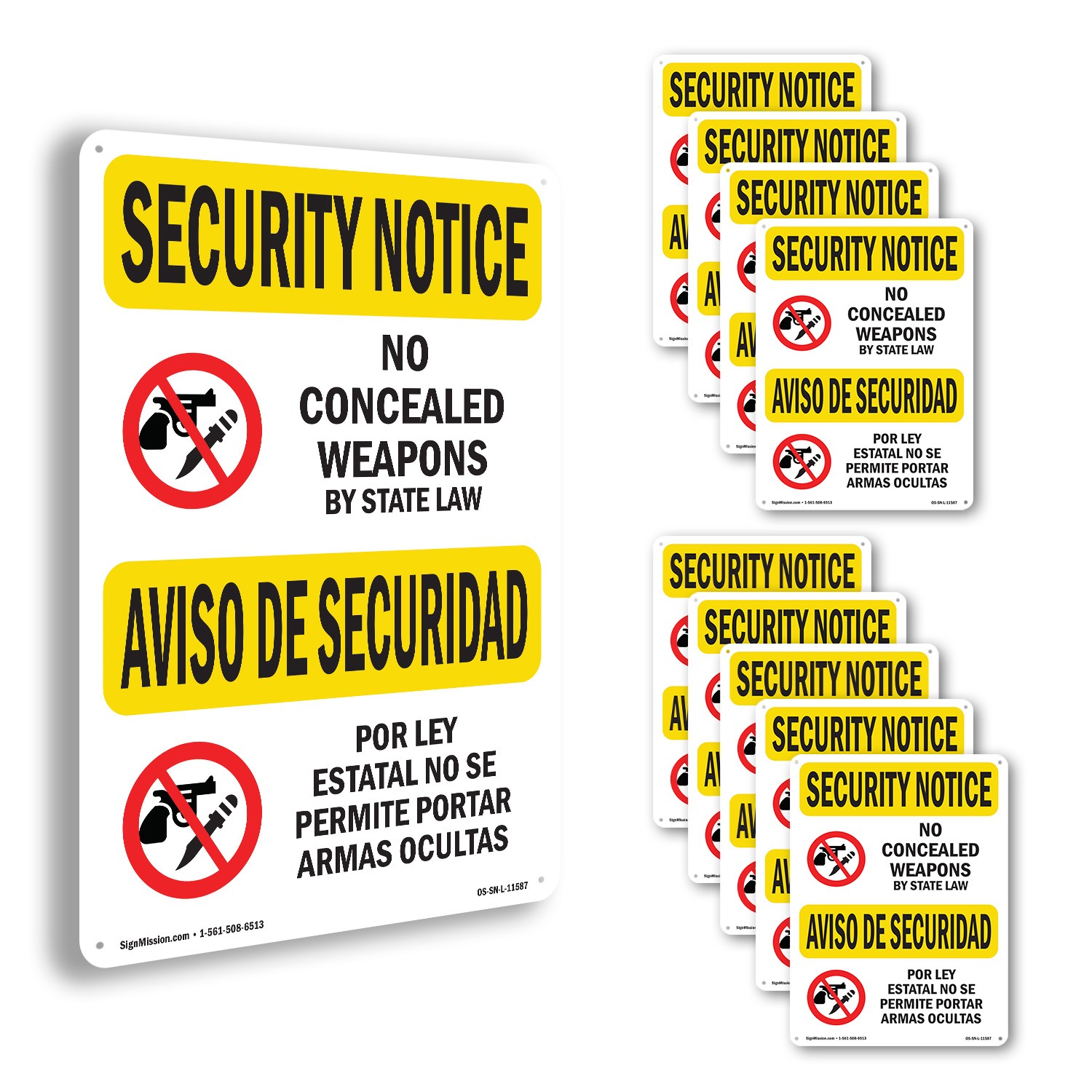 No Concealed Weapons Bilingual OSHA Security Notice Sign Or Decal – 5 or 10 Pack