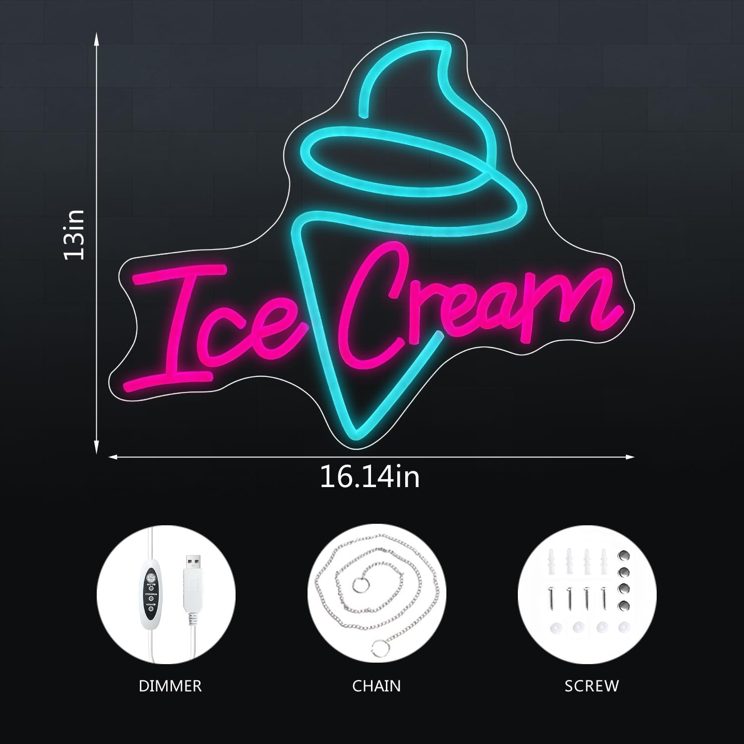 Ice Cream Neon Sign – Dimmable USB Ice Cream Letter Neon Light Up Signs for B…
