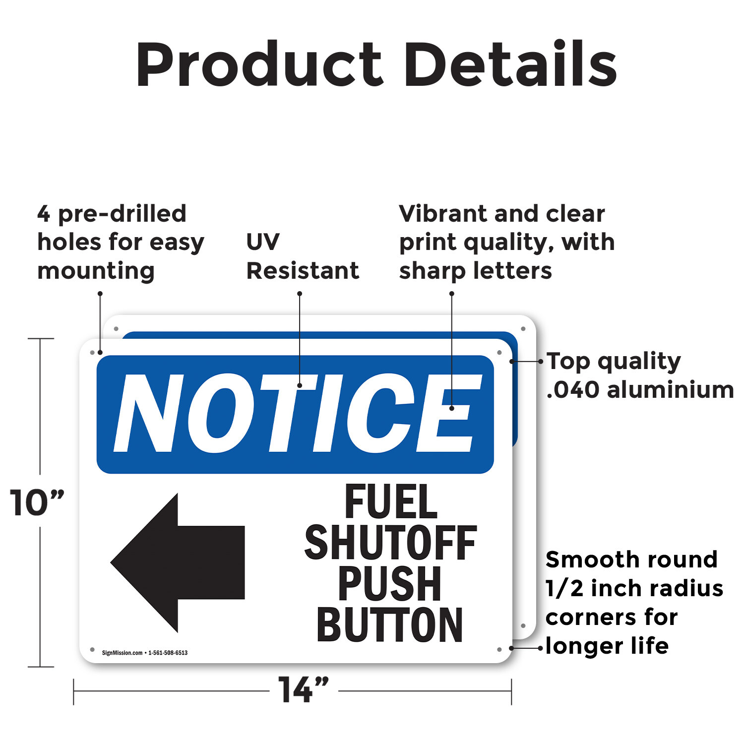 (2 Pack) Fuel Shutoff Push Button [Left Arrow] OSHA Notice Sign Decal Metal