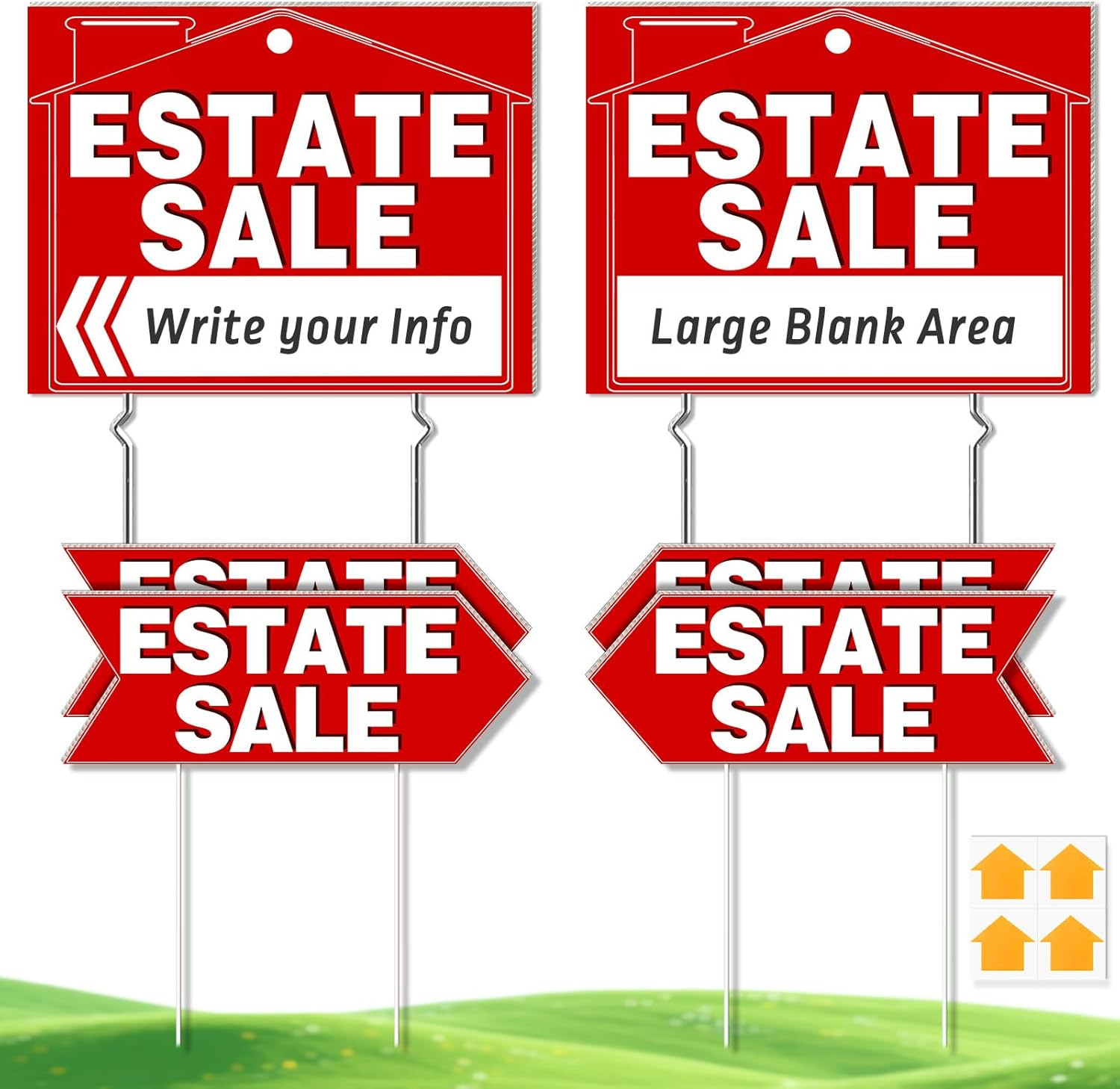 6 Pcs Estate Sale Signs with Metal Stakes, 2 Estate Sale Yard Signs 17” X 13” an