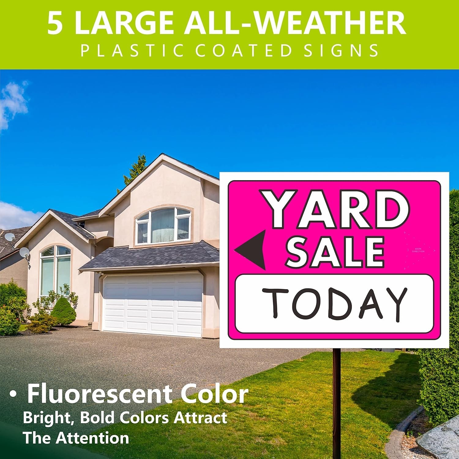 Yard Sale Sign Kit 5-Pack Double-Sided Fluorescent Plastic Coated Signs
