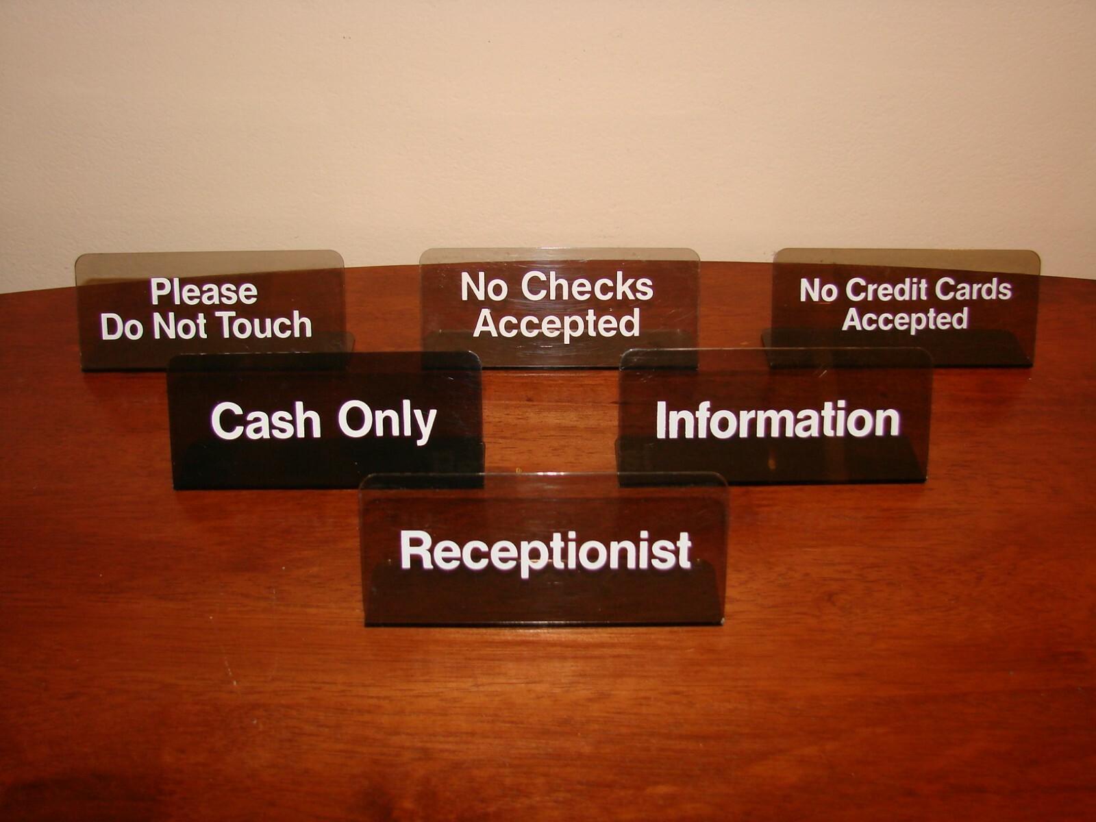 Set of 6 Store/Office Counter/Desk Top Signs – No Checks, Cash Only, Information