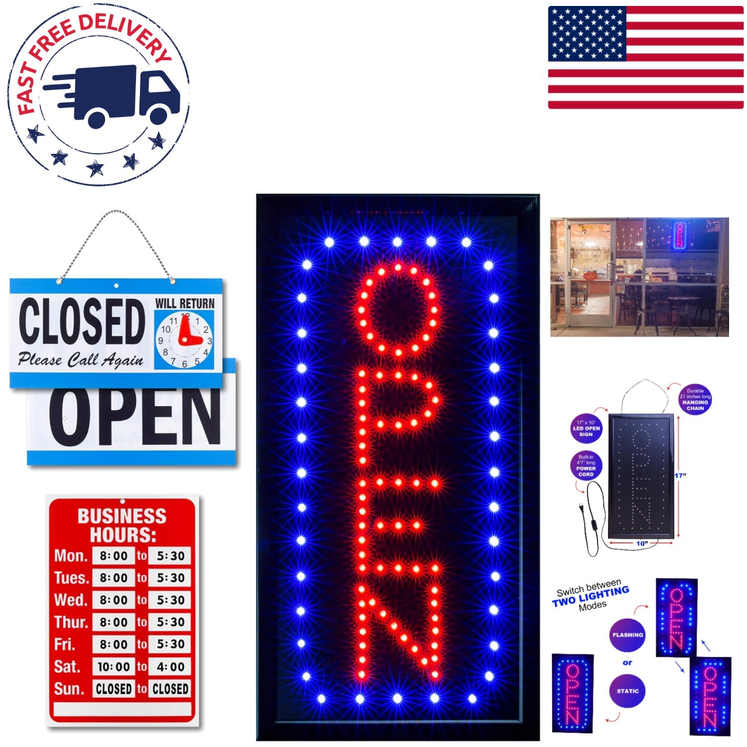 Modern 17″ x 10″ LED Open Sign with Business Hours – Attractive and Durable