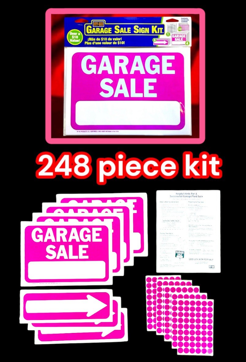 Garage Sale Kit: 4 Signs 8.5”x 12”,3 arrows, 240 Price Labels,Sales Record sheet