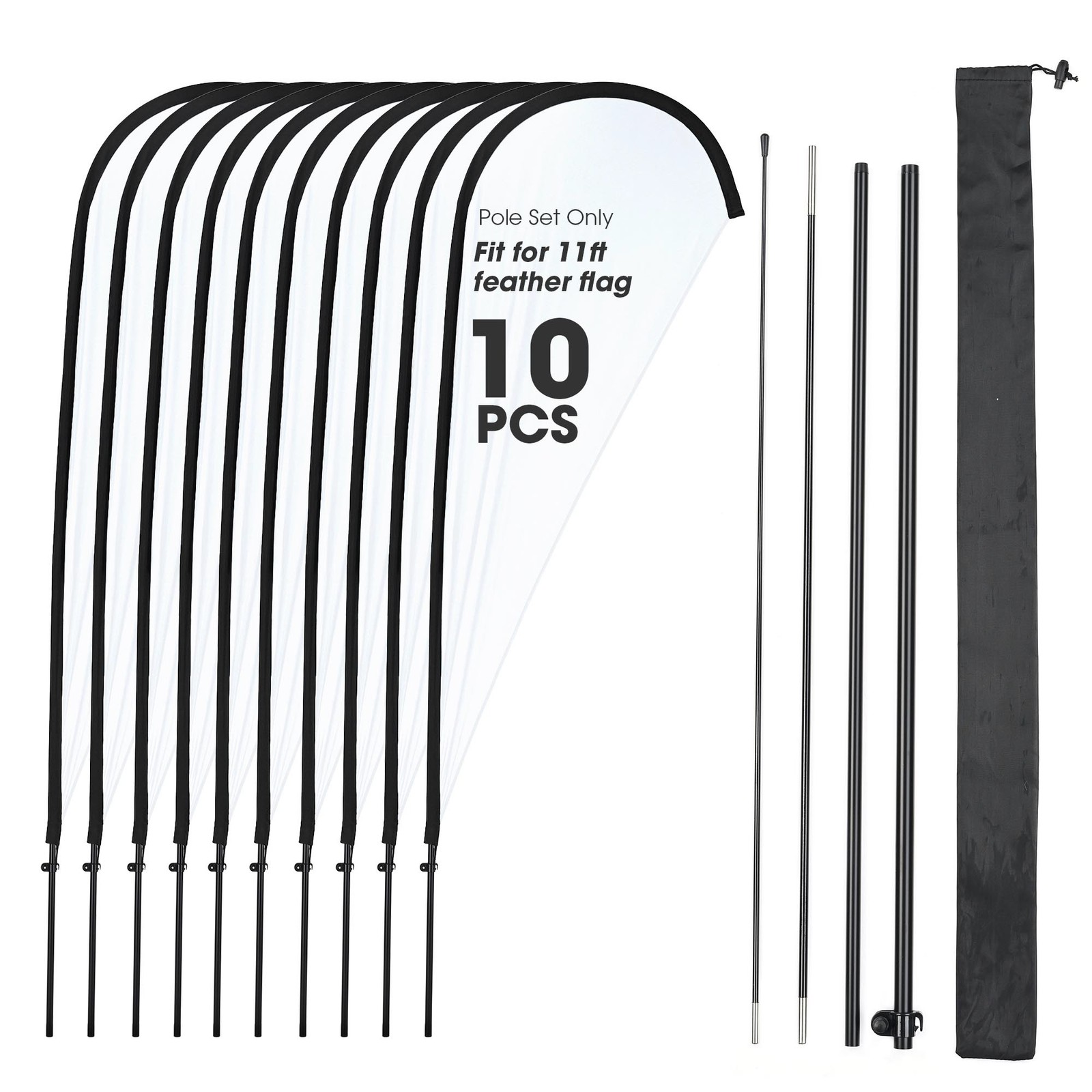 InstaHibit 10 Pack 11ft Feather Flag Pole Kit with Cross Base Stand & Weight Bag