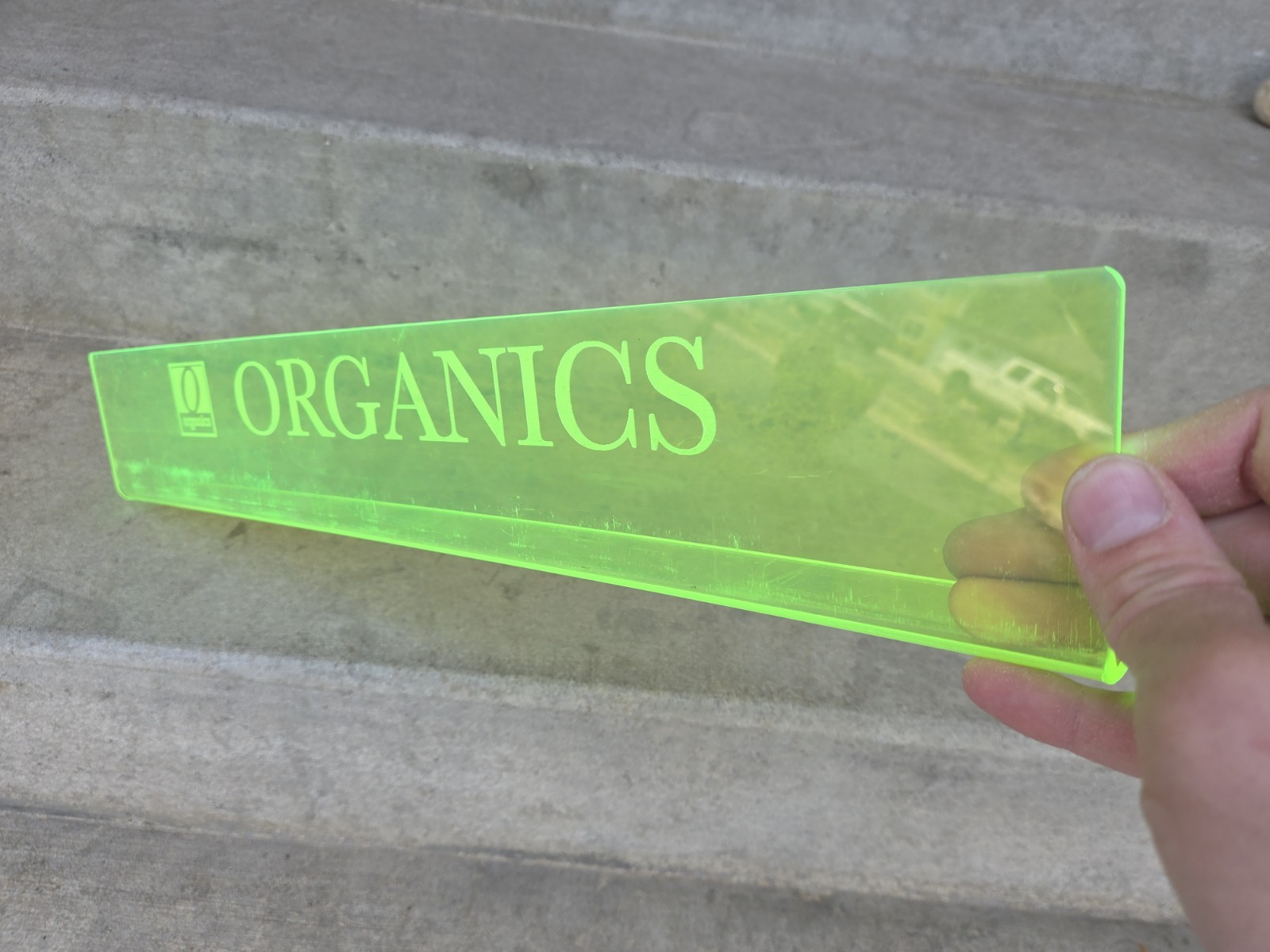 Organics Fluorescent Green Acrylic Shelf Store Display Sign 21″ x 3″