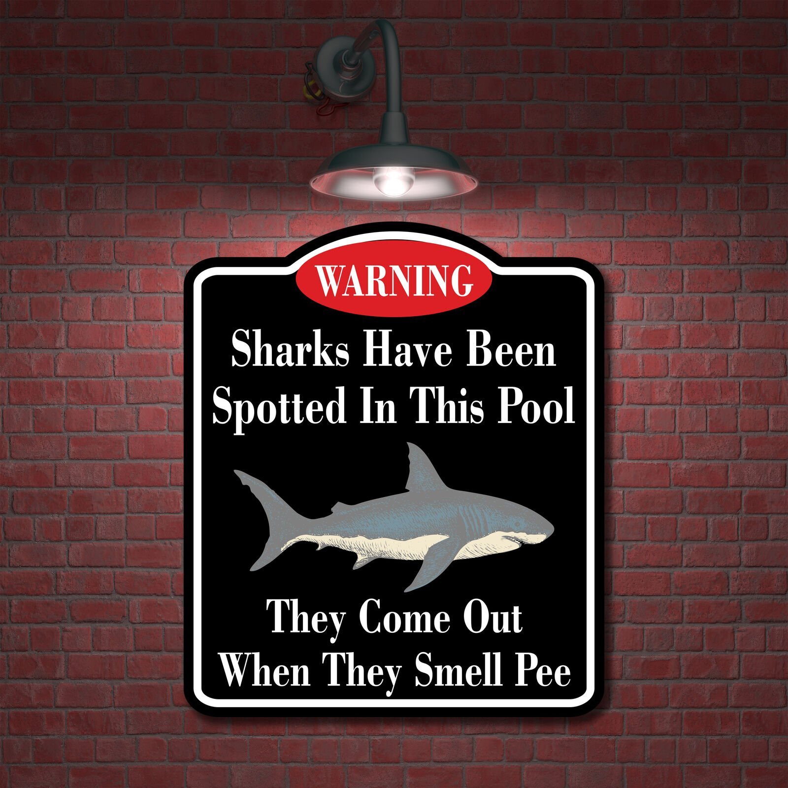 Warning Sharks In Pool When Pee BLACK Aluminum Composite Sign