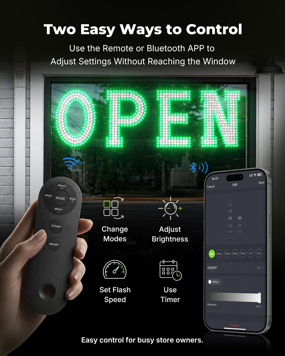 40 x 12 Inch LED Open Sign for Business – Timer via BT APP & Remote Control, …