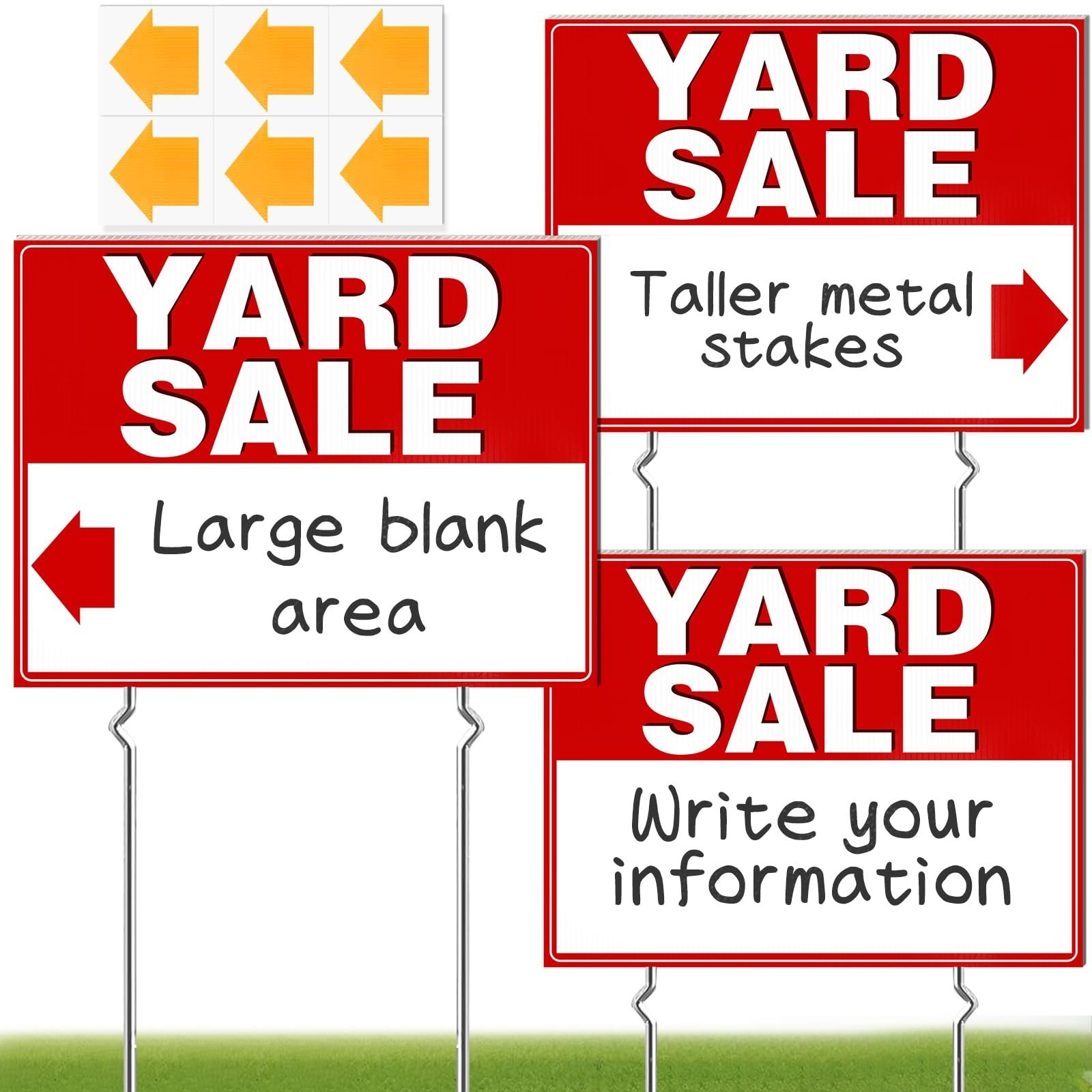 Garage Sale Kit, 3 Large Yard Signs, Directional Arrows, Corrugated Plastic, Red