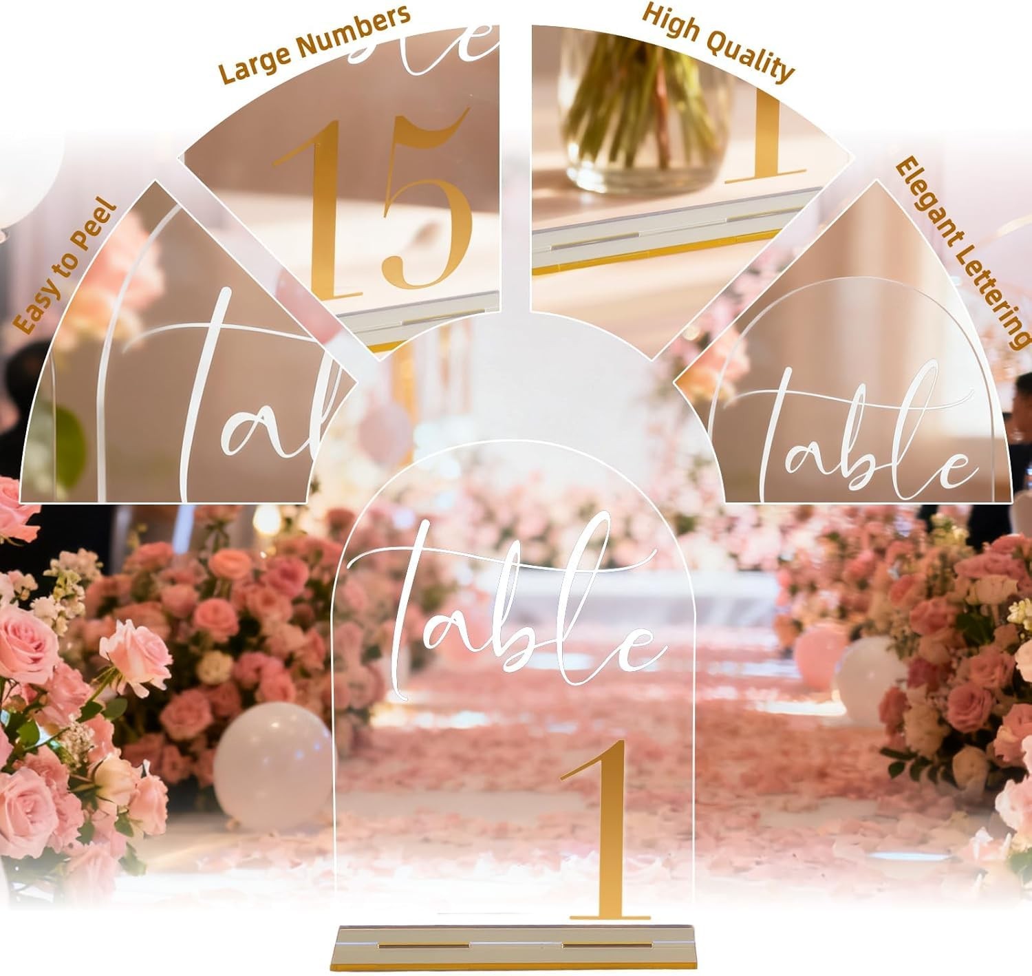 7×5 Inch Arch Wedding Numbers 115 Stands Clear Acrylic Signs Gold Text