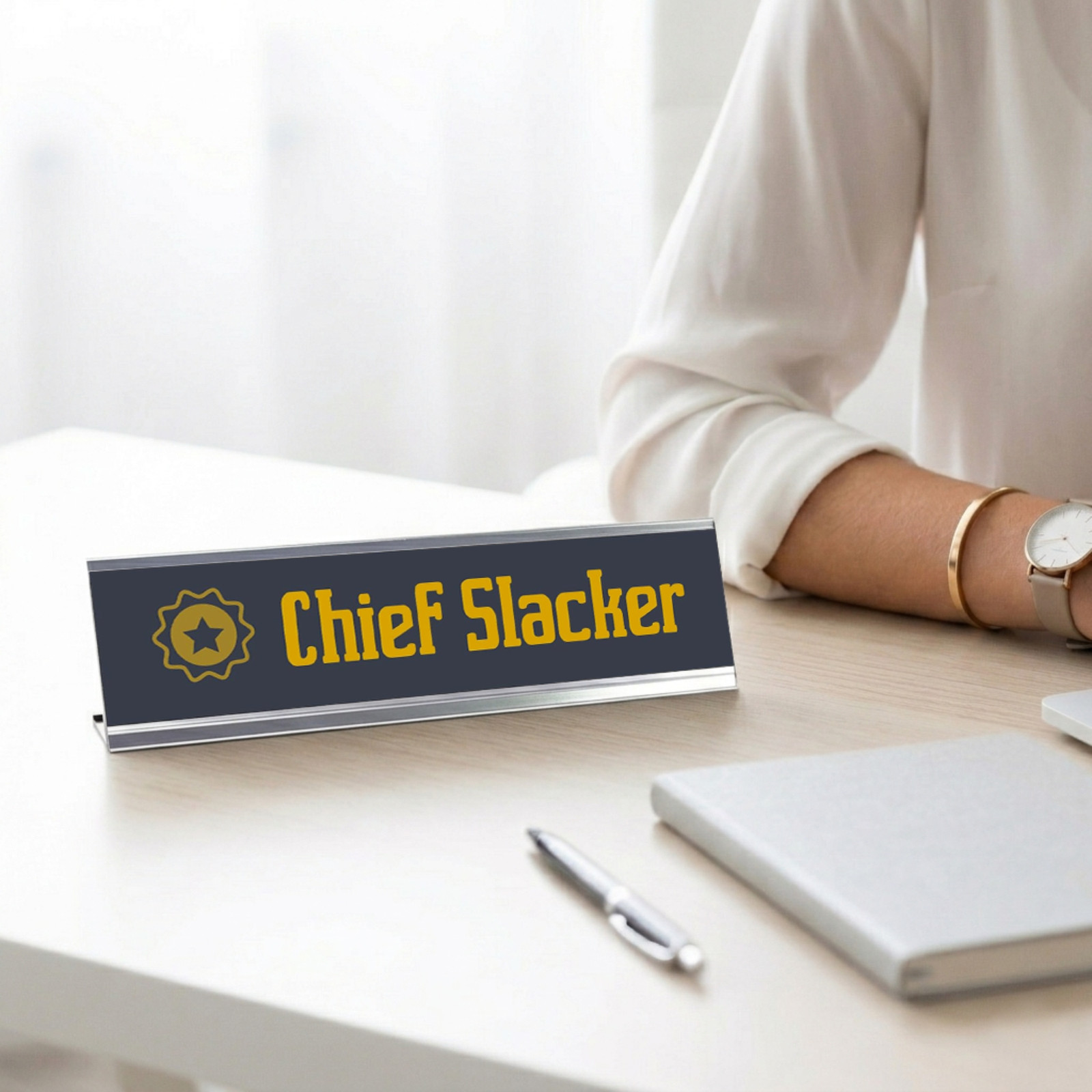 Chief Slacker, Star Silver Frame Desk Sign (2 x 8″)