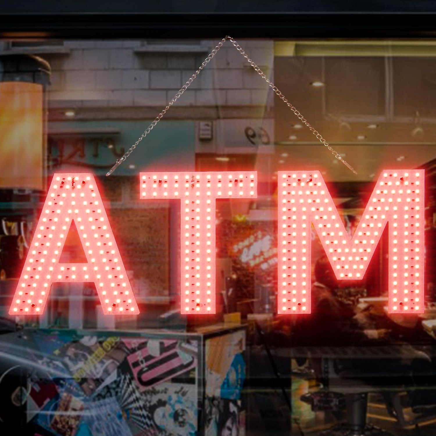 Dimmable LED ATM Sign for Business – Bright, Adjustable Chain, 3 Modes, Red
