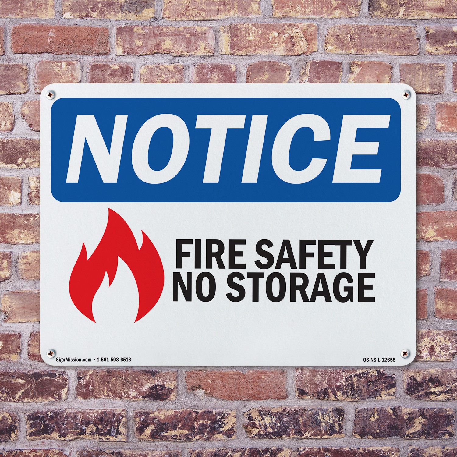 Fire Safety No Storage OSHA Notice Sign Metal, Plastic, Or Decal – 5 or 10 Pack