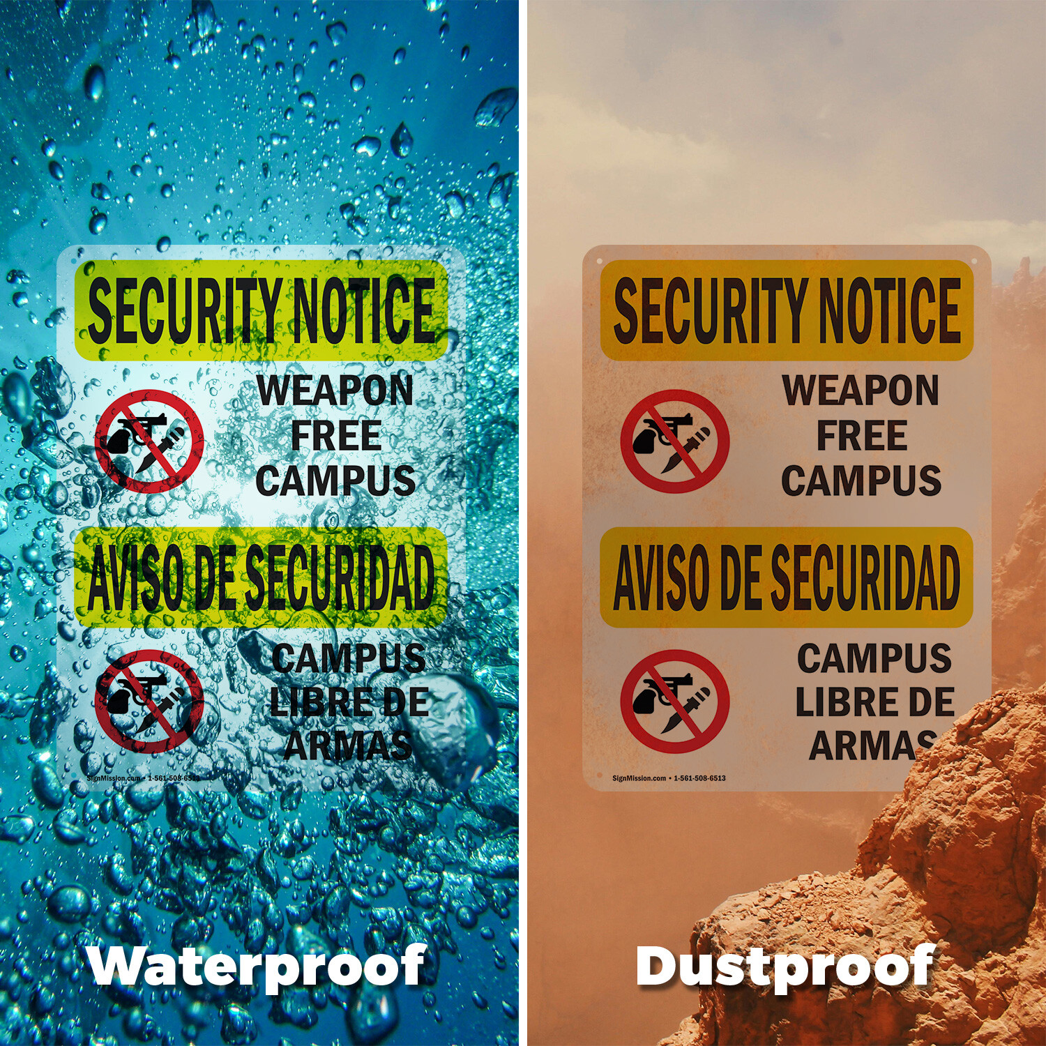 (2 Pack) Weapon Free Campus Bilingual OSHA Security Notice Sign Decal Metal