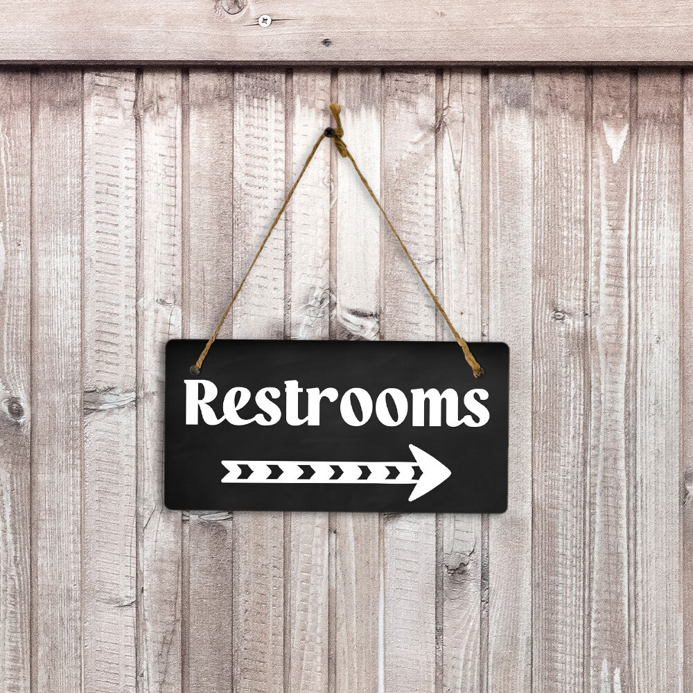 Restrooms Right Arrow 5×10 Hanging Plus Wall or Door Sign | Bathroom Decor
