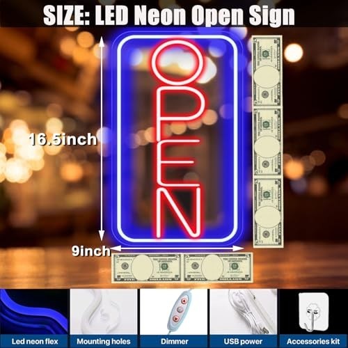 Bright LED Neon Open Sign – 16.5″x9″ Adjustable USB Powered Display for Storefro