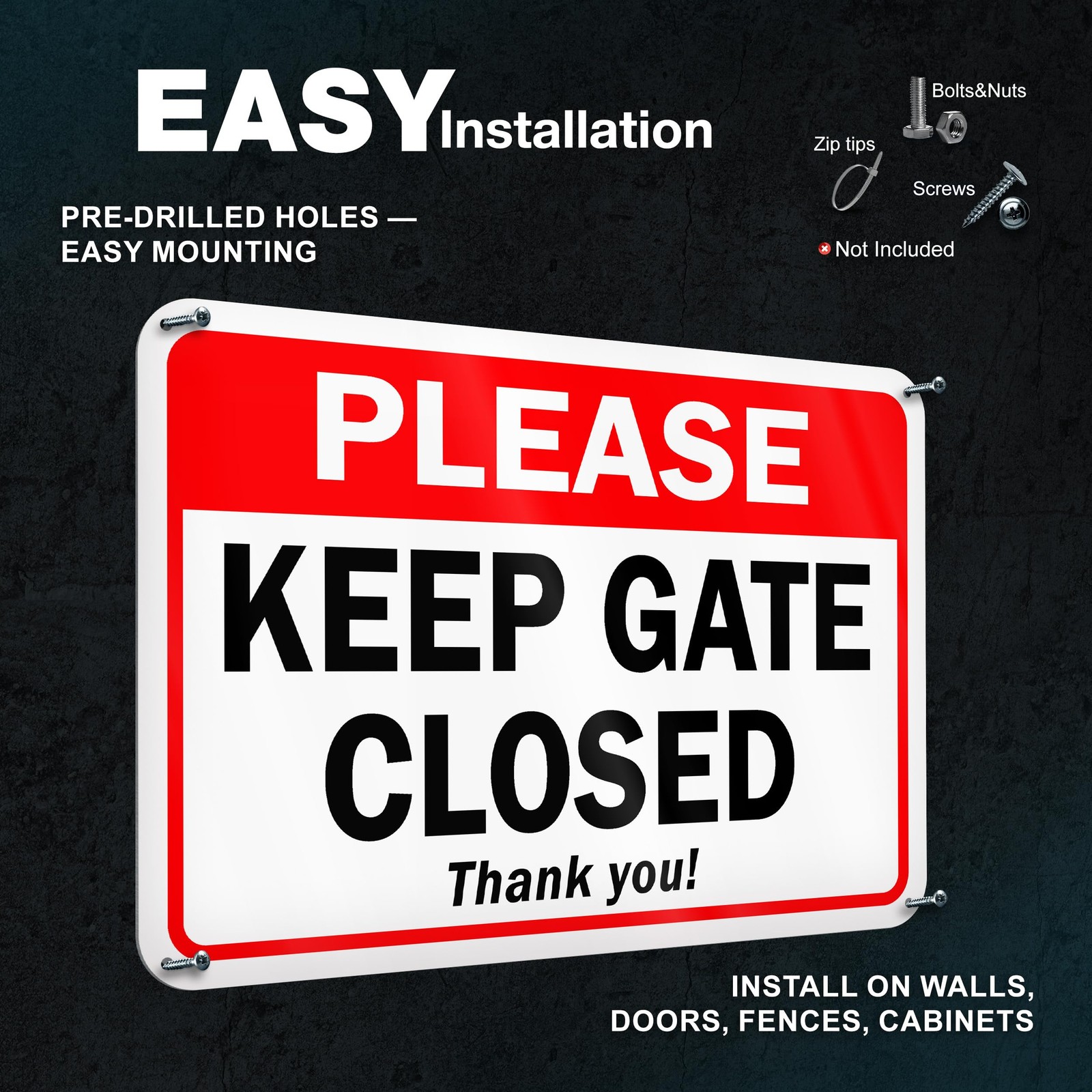 Keep Gate Closed Sign, 7×10 Inch Reflective Aluminum, 2 Pack