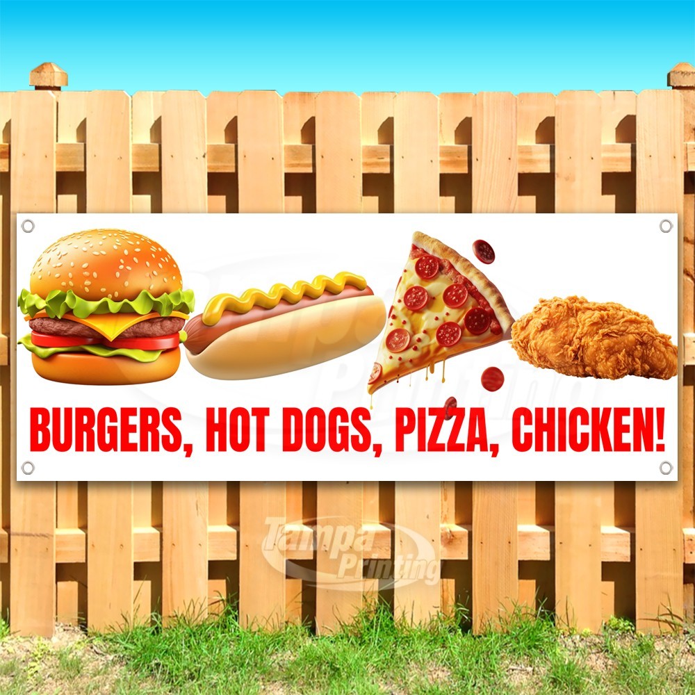 BURGERS HOT DOGS PIZZA CHICKEN Advertising Vinyl Banner Flag Sign USA SB10925