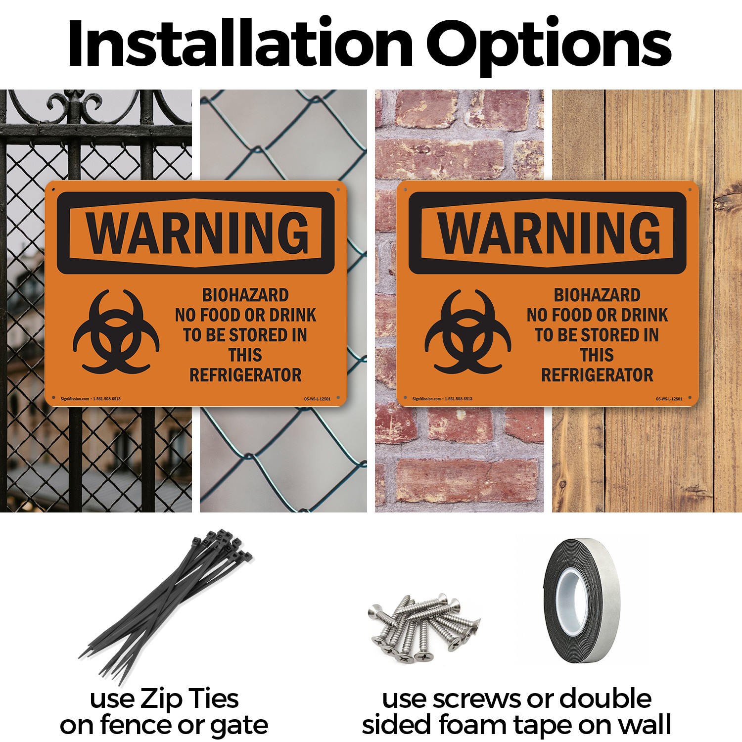 Biohazard No Food Or With Symbol OSHA WARNING Sign Metal, Decal – 5 or 10 Pack